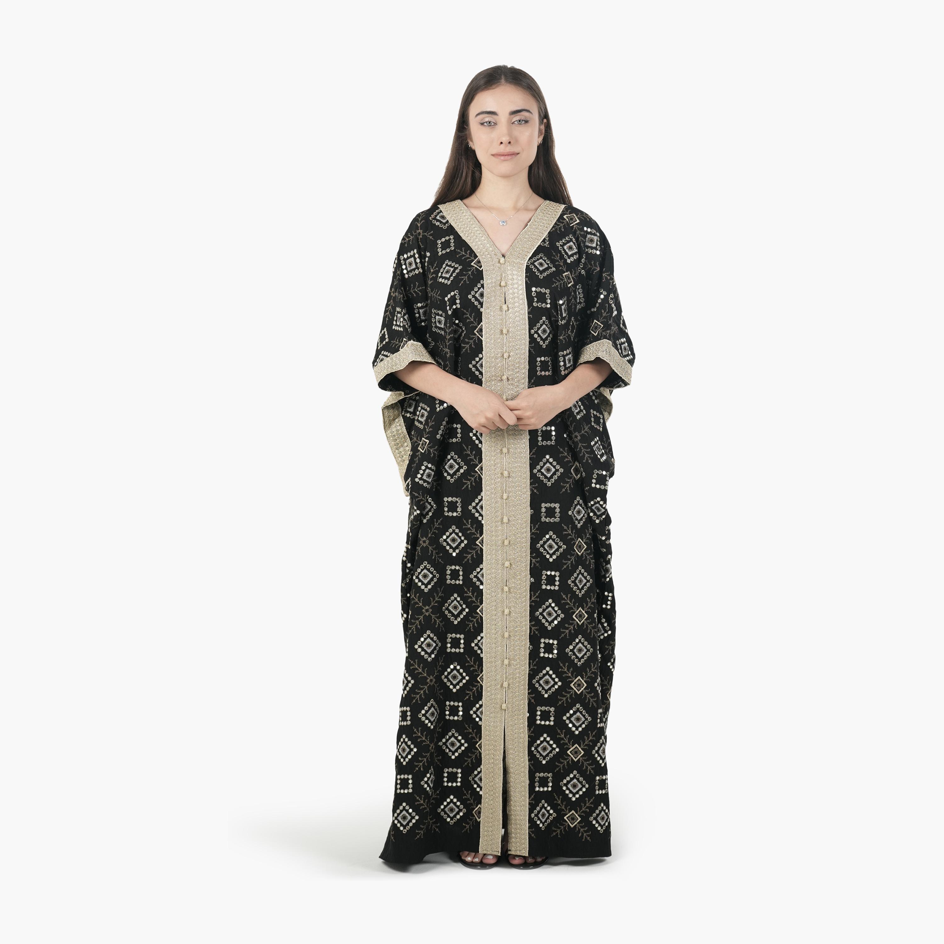 AL BENT AL SHARQIEH Embroidered Batwing Sleeves Linen Women's Evening Kaftan Style Jalabiya-women-arabicclothing-jalabiyas-image-1