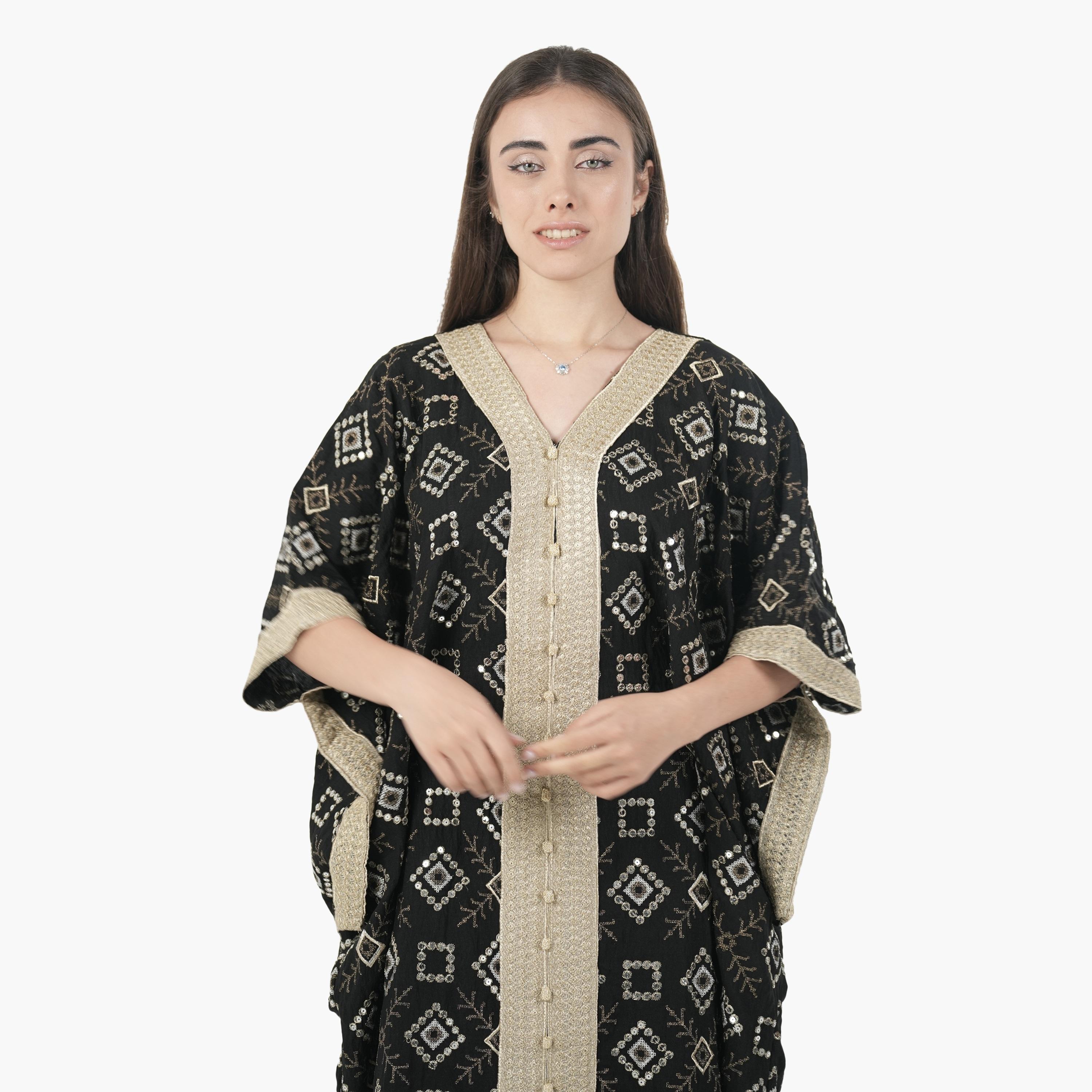 AL BENT AL SHARQIEH Embroidered Batwing Sleeves Linen Women's Evening Kaftan Style Jalabiya-women-arabicclothing-jalabiyas-image-2