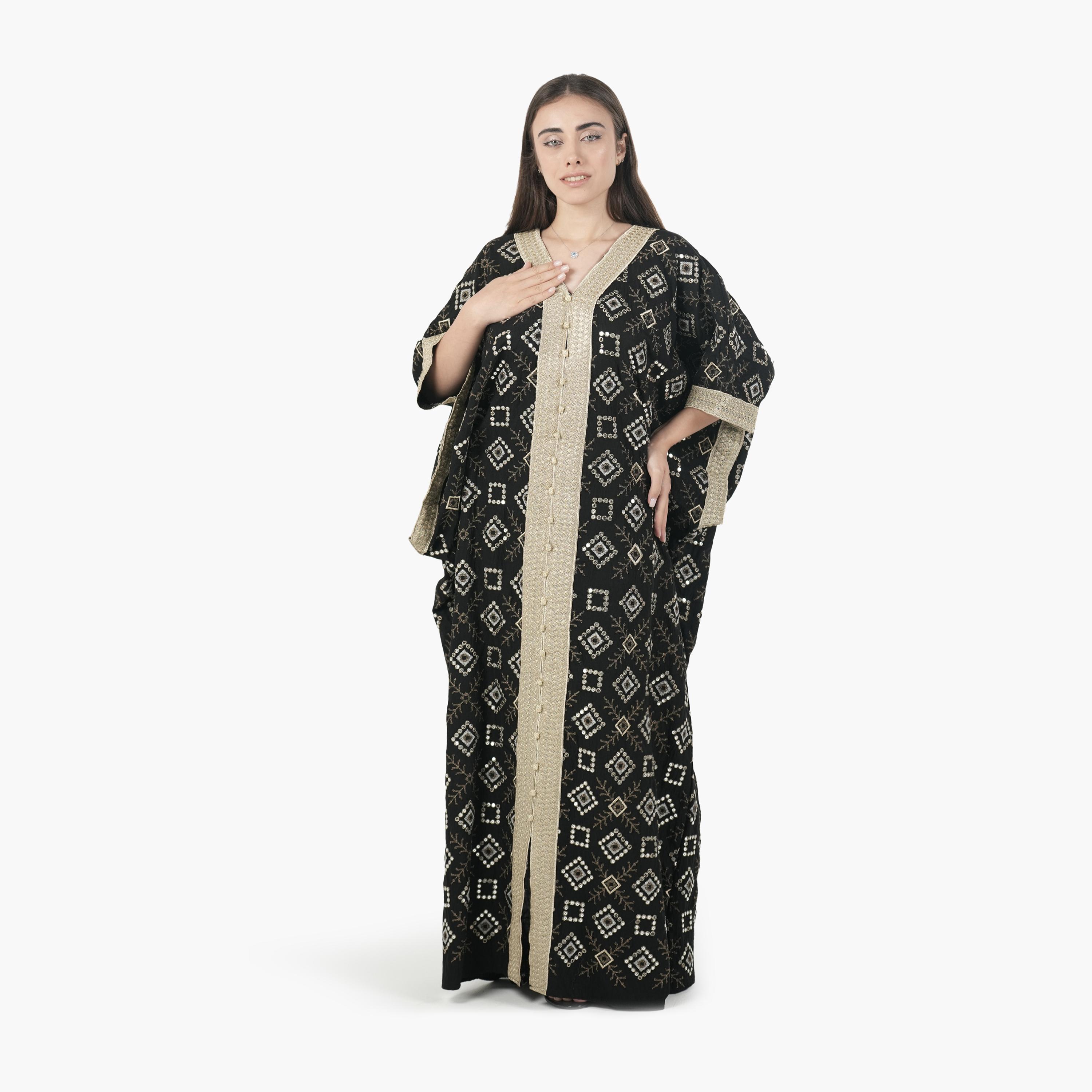 AL BENT AL SHARQIEH Embroidered Batwing Sleeves Linen Women's Evening Kaftan Style Jalabiya-women-arabicclothing-jalabiyas-image-3