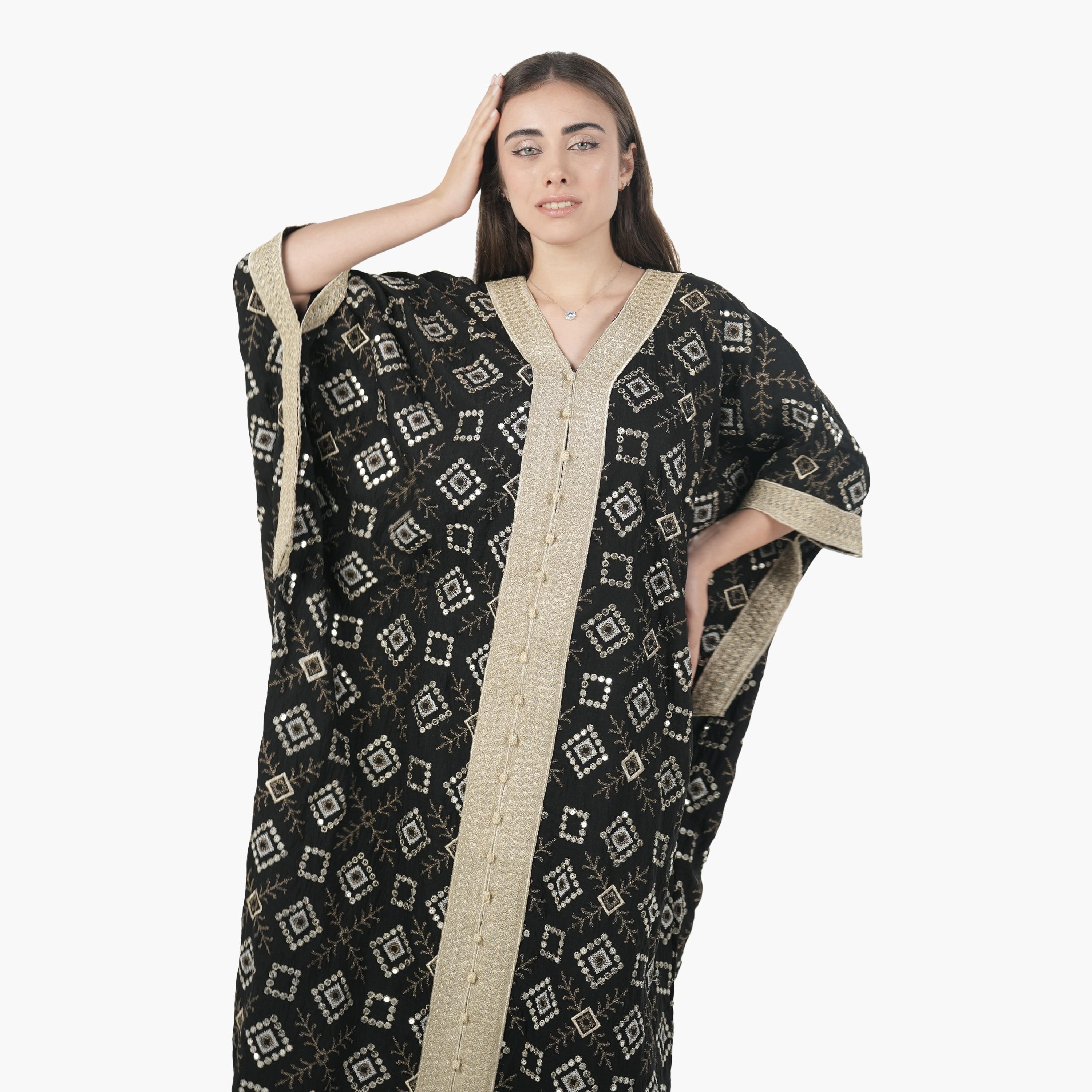 AL BENT AL SHARQIEH Embroidered Batwing Sleeves Linen Women's Evening Kaftan Style Jalabiya-women-arabicclothing-jalabiyas-image-4