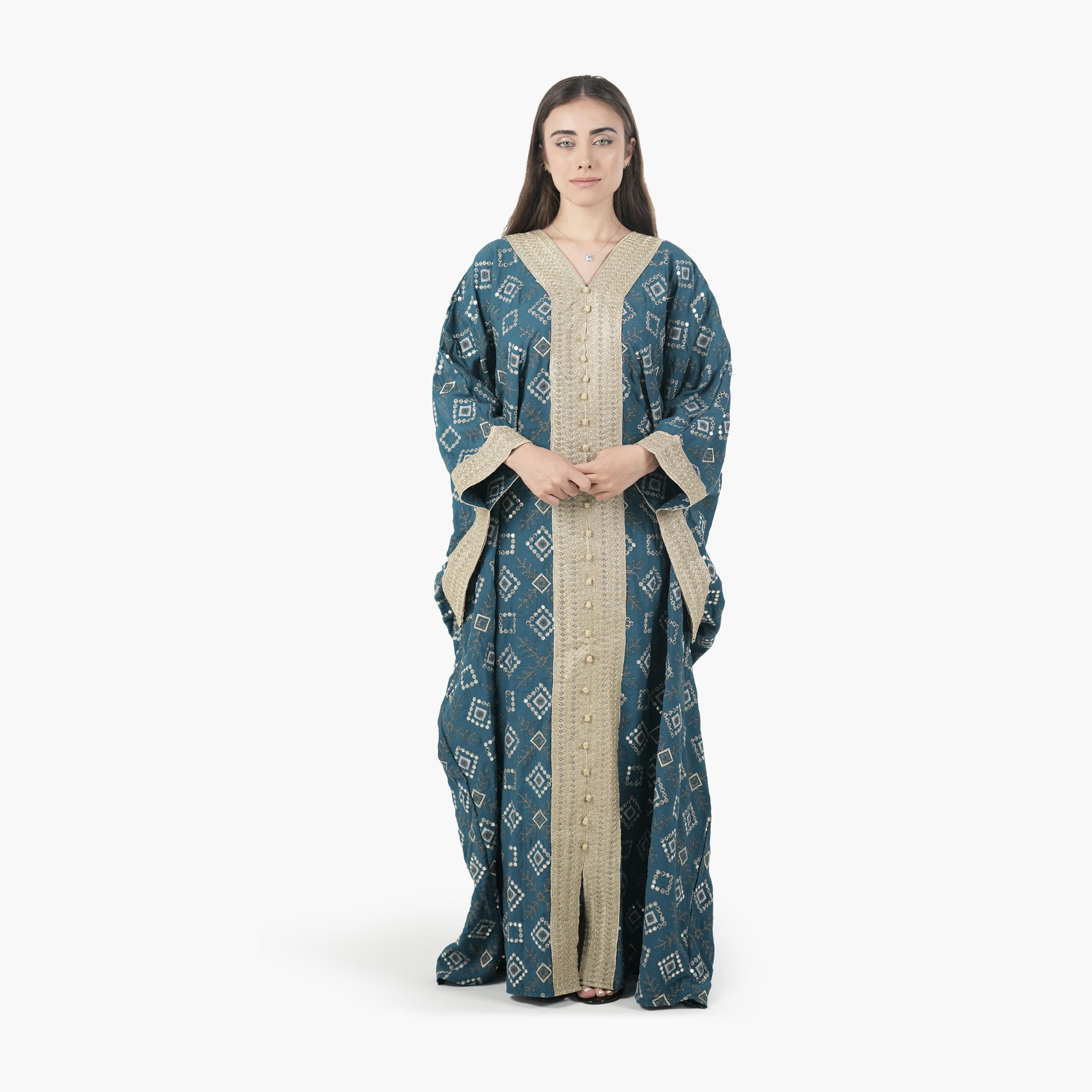 جلابية سهرة نسائية بأسلوب القفطان وأكمام خفاش وتطريز قماش كتان من البنت الشرقية-women-arabicclothing-jalabiyas-image-1