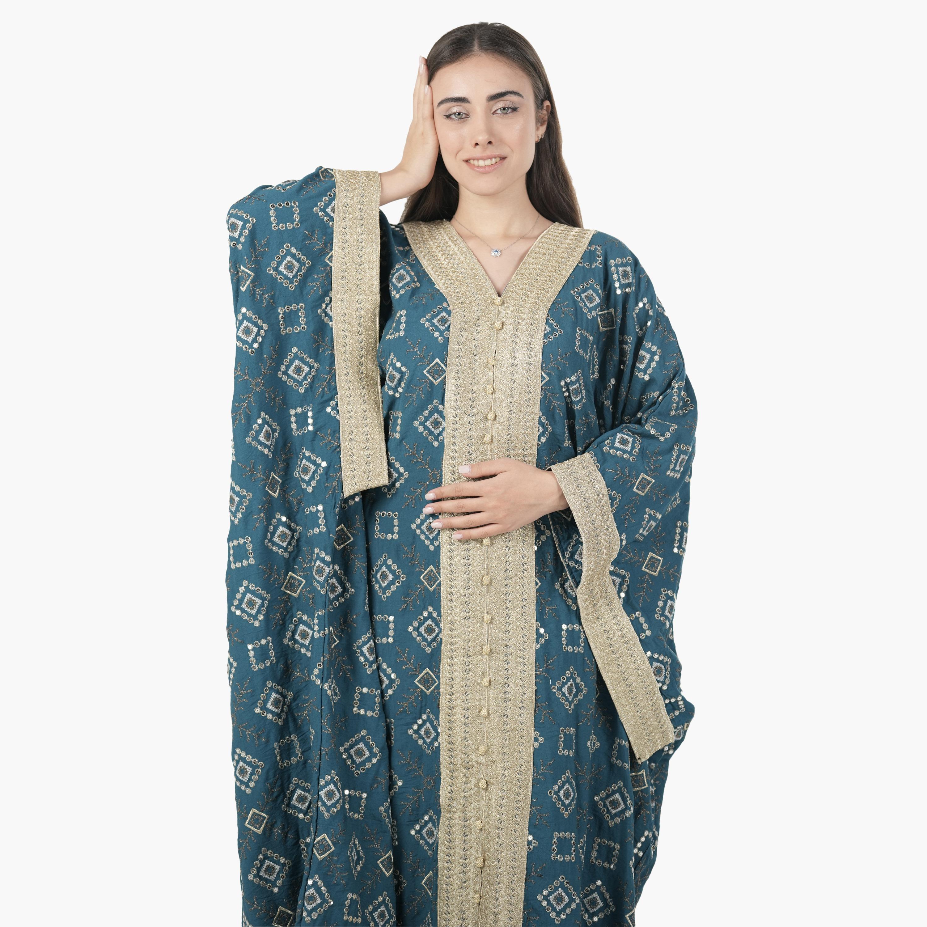 جلابية سهرة نسائية بأسلوب القفطان وأكمام خفاش وتطريز قماش كتان من البنت الشرقية-women-arabicclothing-jalabiyas-image-2
