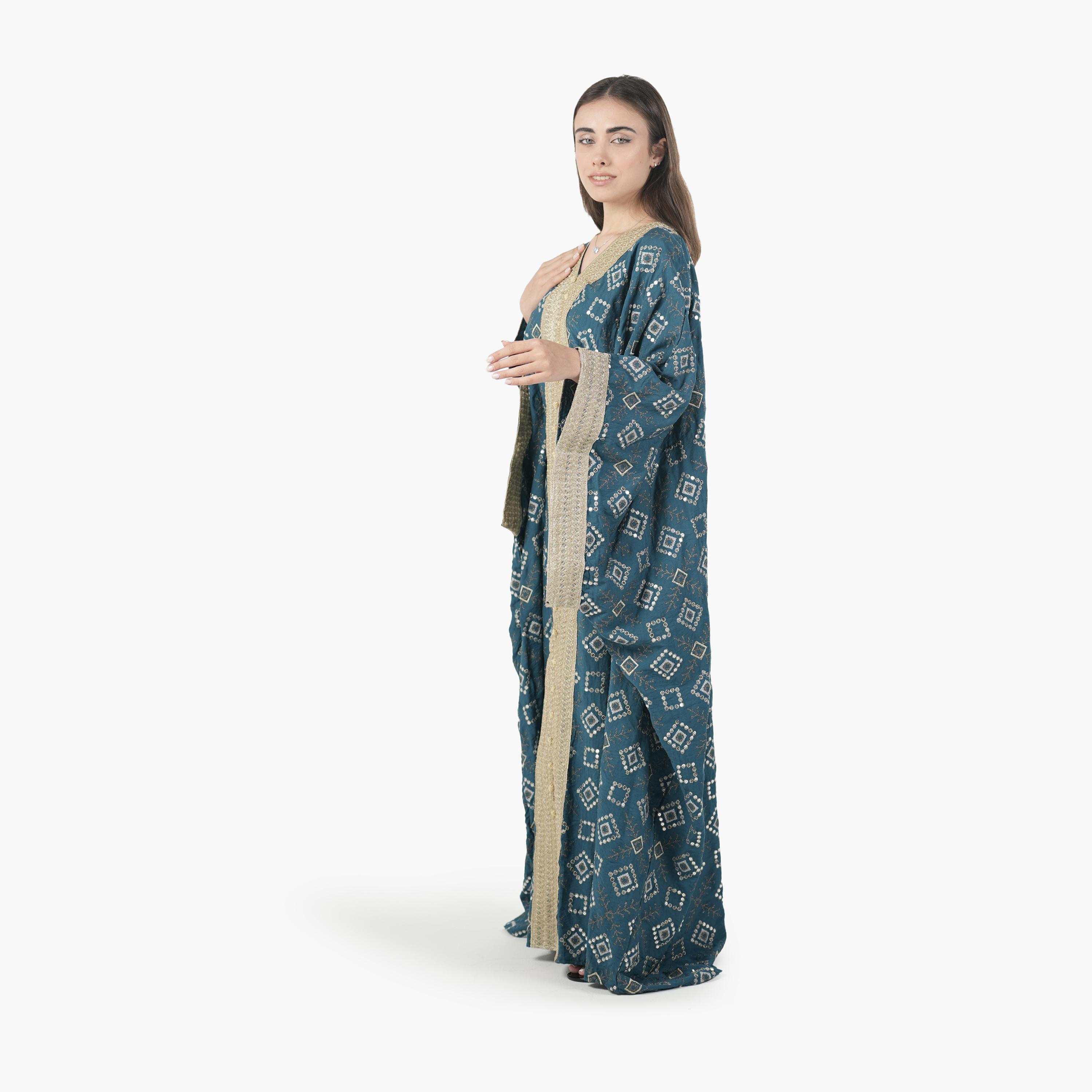 جلابية سهرة نسائية بأسلوب القفطان وأكمام خفاش وتطريز قماش كتان من البنت الشرقية-women-arabicclothing-jalabiyas-image-3
