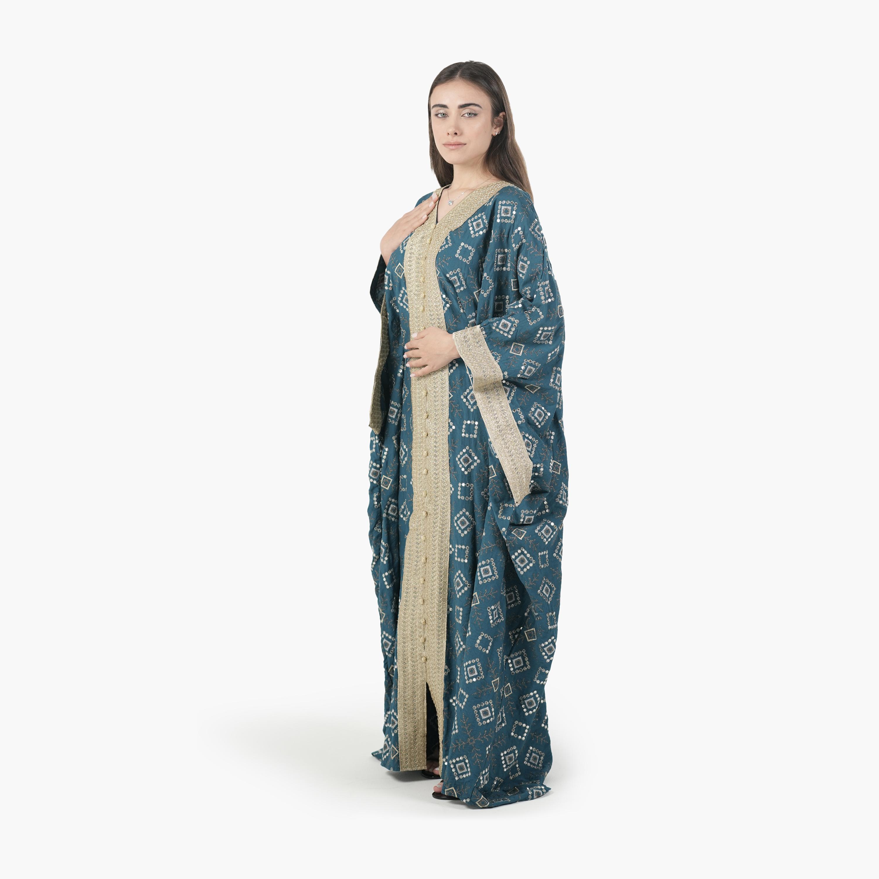 جلابية سهرة نسائية بأسلوب القفطان وأكمام خفاش وتطريز قماش كتان من البنت الشرقية-women-arabicclothing-jalabiyas-image-5