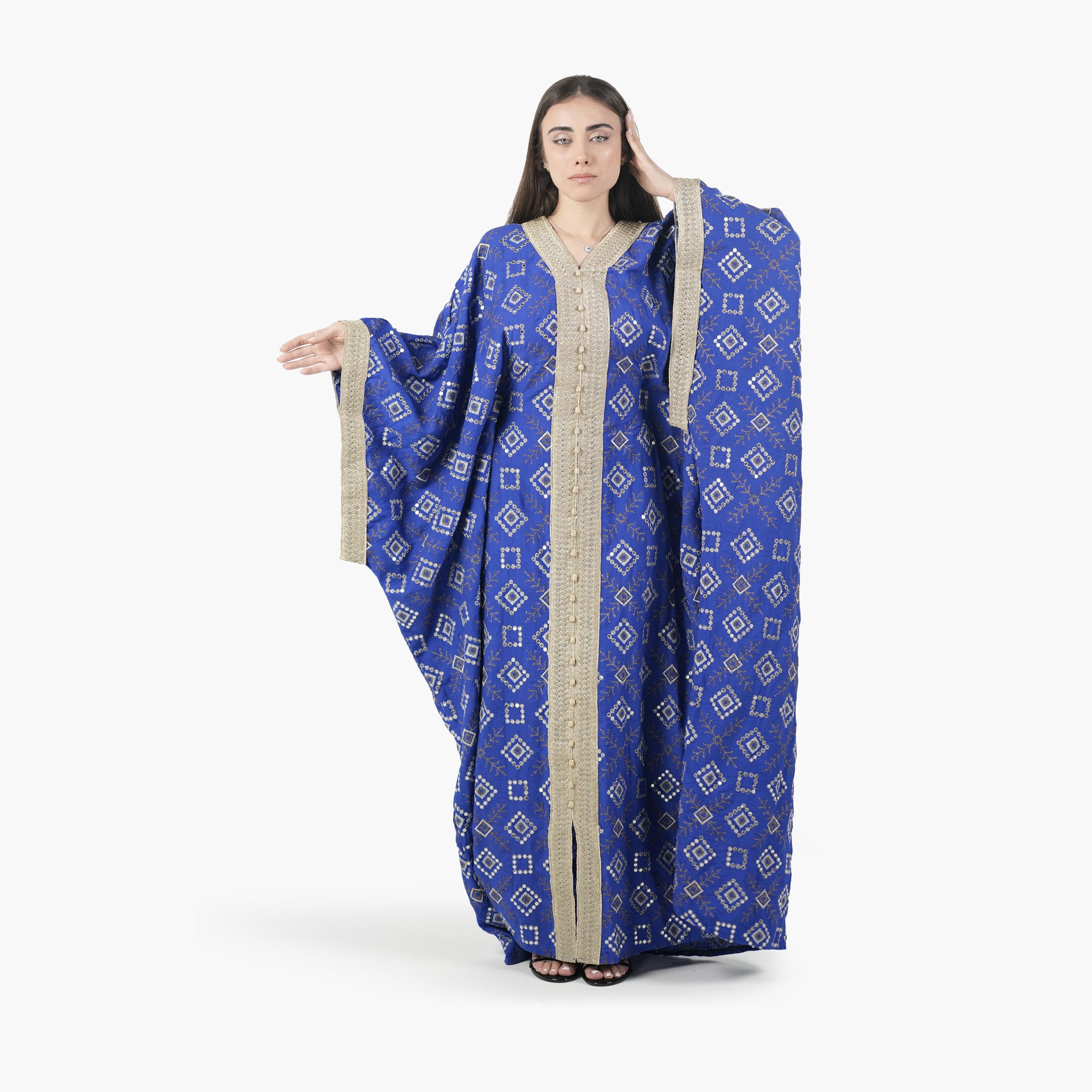 AL BENT AL SHARQIEH Embroidered Batwing Sleeves Linen Women's Evening Kaftan Style Jalabiya-women-arabicclothing-jalabiyas-image-1