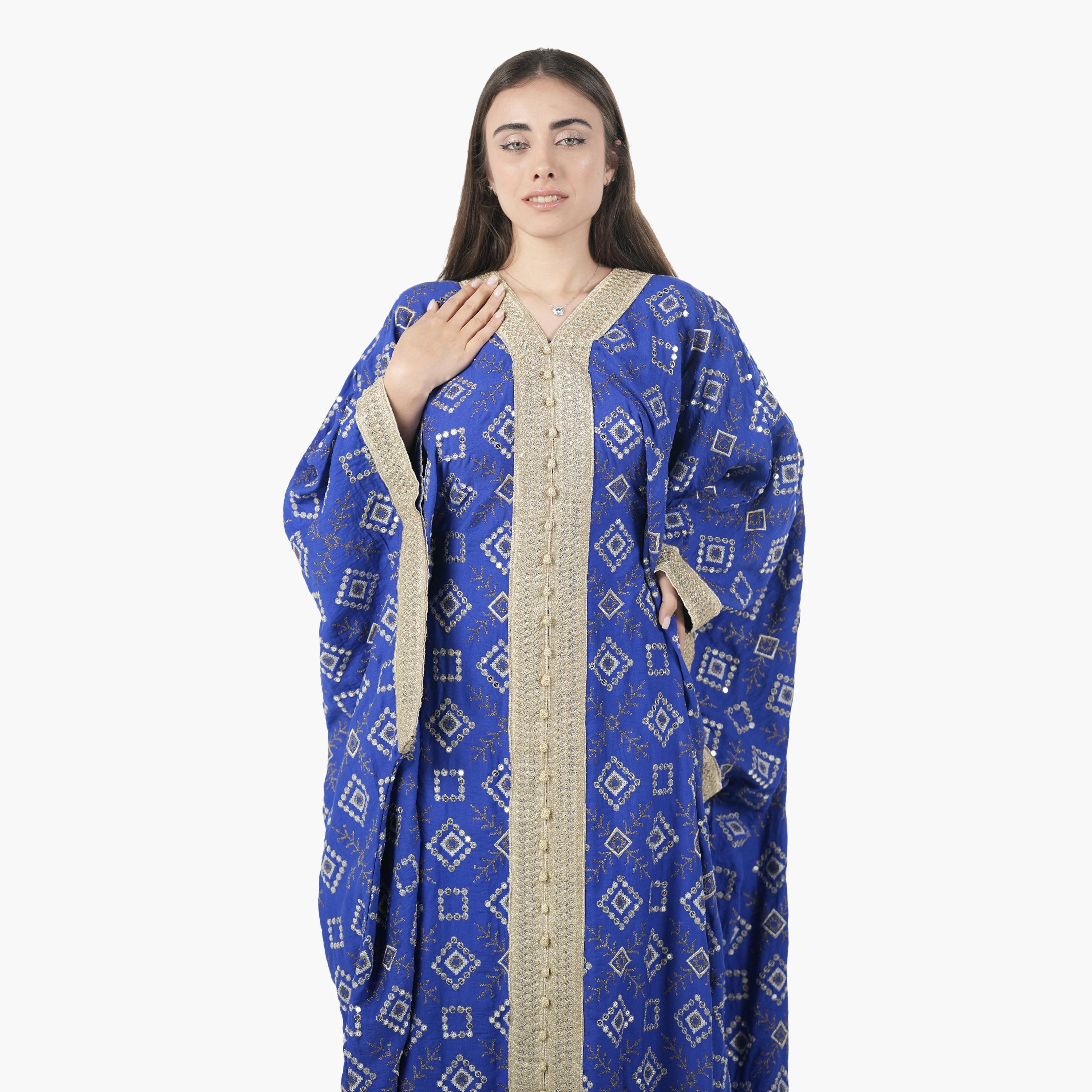 AL BENT AL SHARQIEH Embroidered Batwing Sleeves Linen Women's Evening Kaftan Style Jalabiya-women-arabicclothing-jalabiyas-image-2