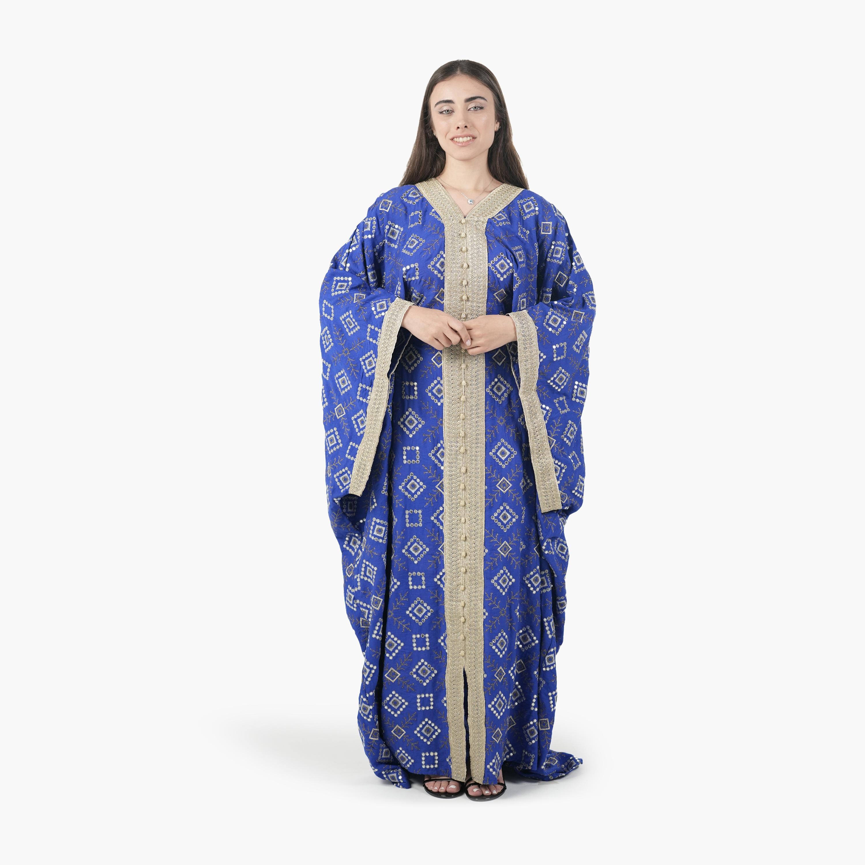 AL BENT AL SHARQIEH Embroidered Batwing Sleeves Linen Women's Evening Kaftan Style Jalabiya-women-arabicclothing-jalabiyas-image-3