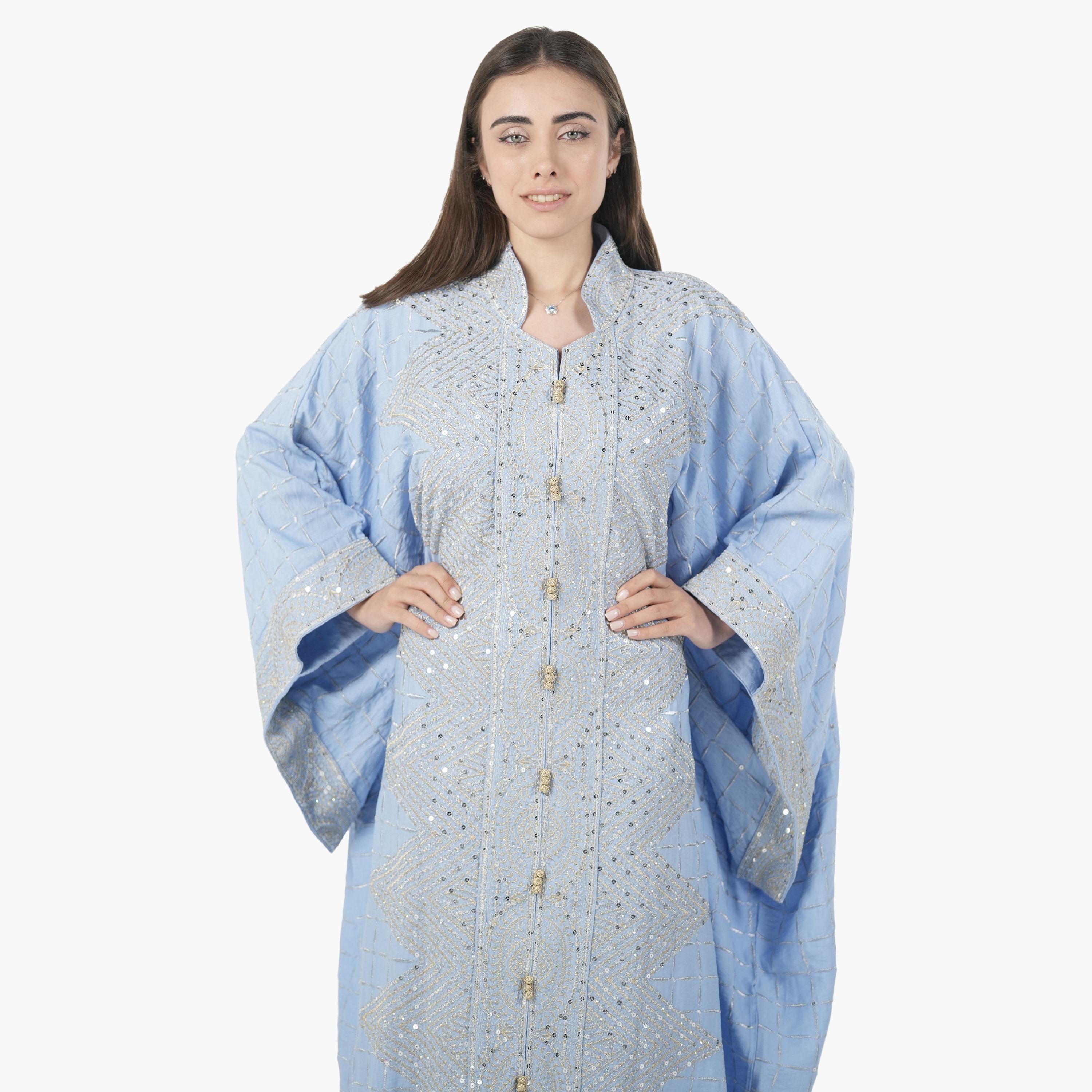 AL BENT AL SHARQIEH Embroidered Batwing Sleeves Linen Women's Evening Kaftan Style Jalabiya-women-arabicclothing-jalabiyas-image-2