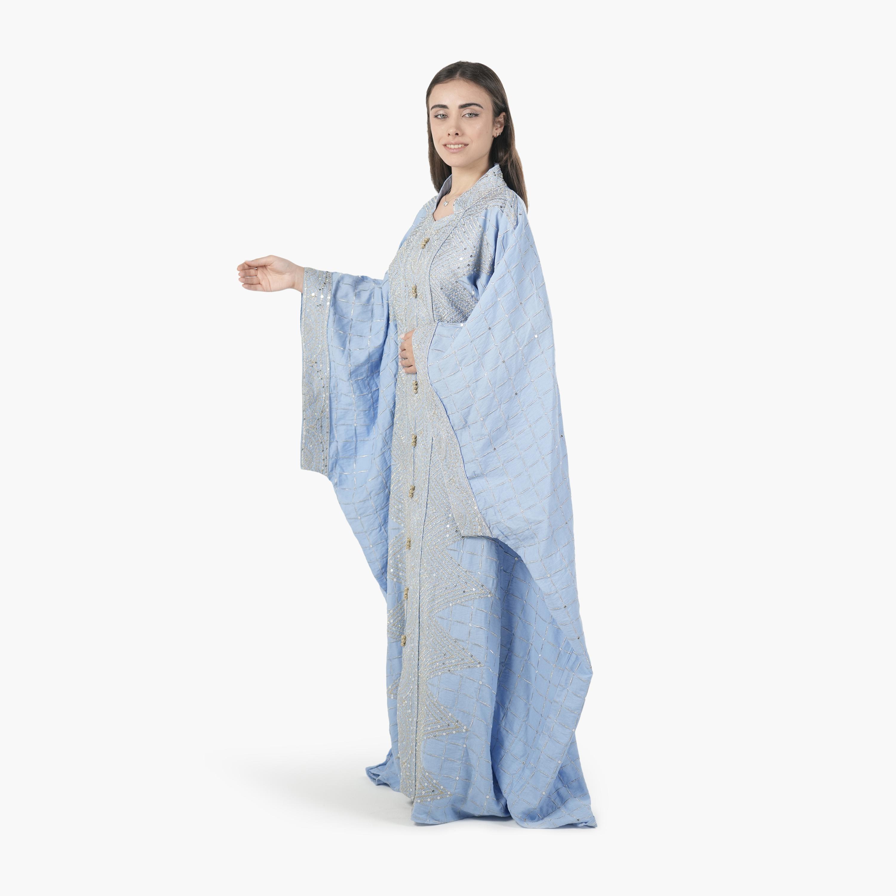 AL BENT AL SHARQIEH Embroidered Batwing Sleeves Linen Women's Evening Kaftan Style Jalabiya-women-arabicclothing-jalabiyas-image-4