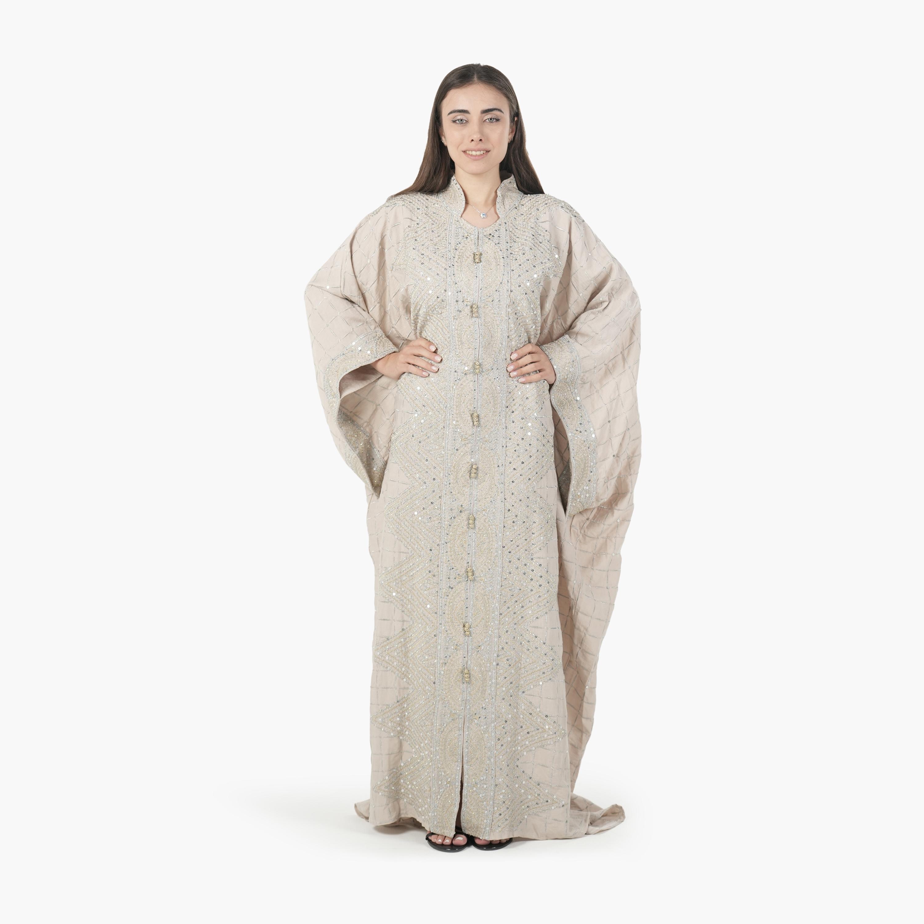 AL BENT AL SHARQIEH Embroidered Batwing Sleeves Linen Women's Evening Kaftan Style Jalabiya-women-arabicclothing-jalabiyas-image-1