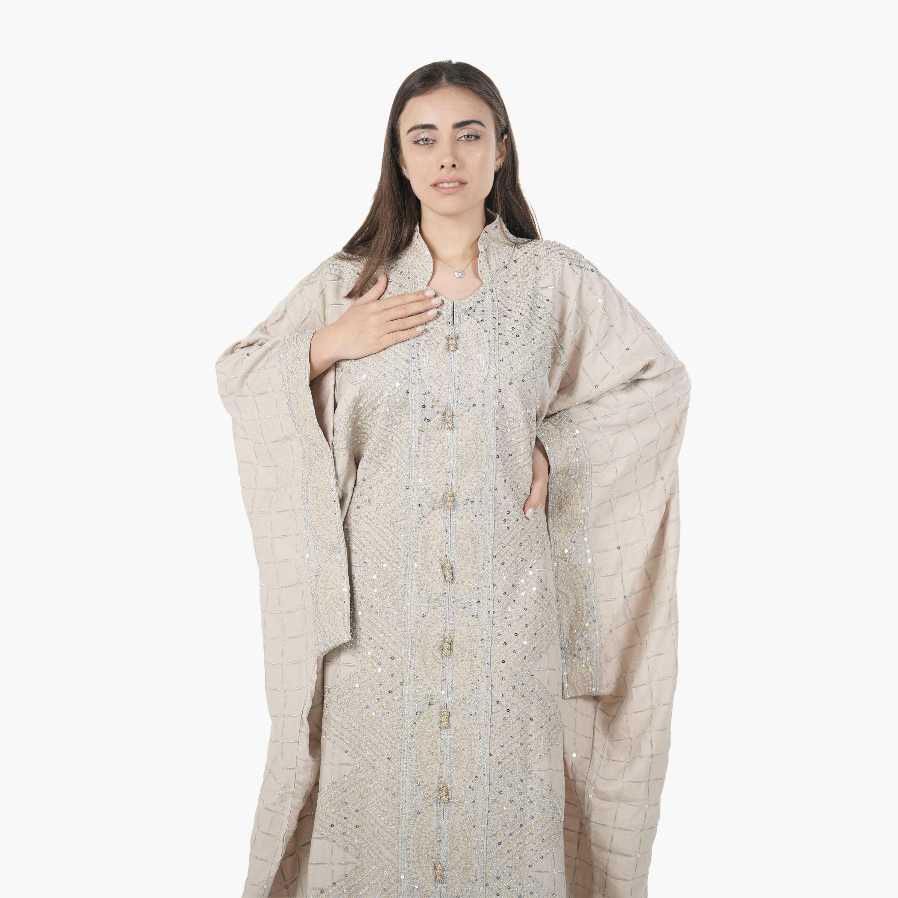 AL BENT AL SHARQIEH Embroidered Batwing Sleeves Linen Women's Evening Kaftan Style Jalabiya-women-arabicclothing-jalabiyas-image-2