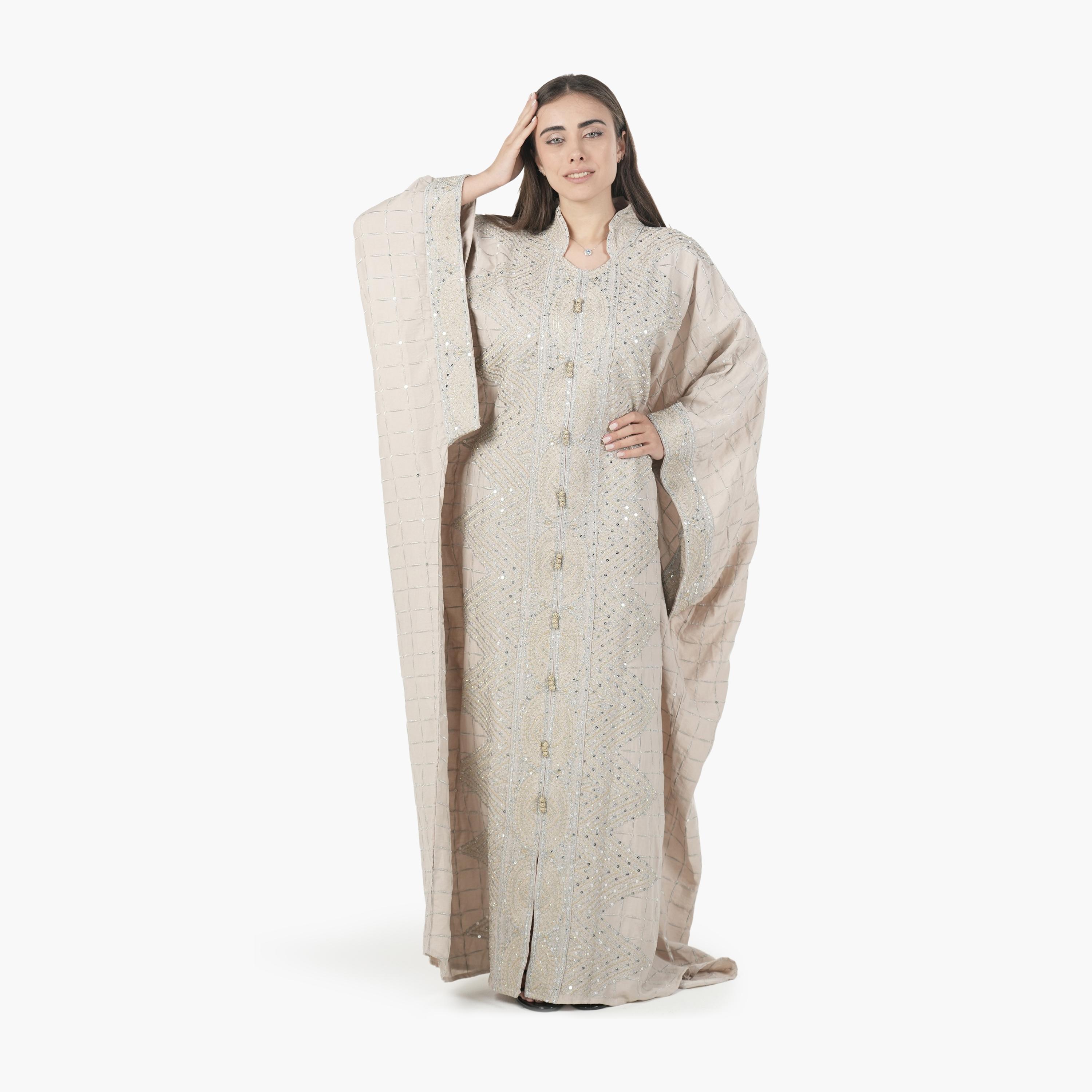 AL BENT AL SHARQIEH Embroidered Batwing Sleeves Linen Women's Evening Kaftan Style Jalabiya-women-arabicclothing-jalabiyas-image-3