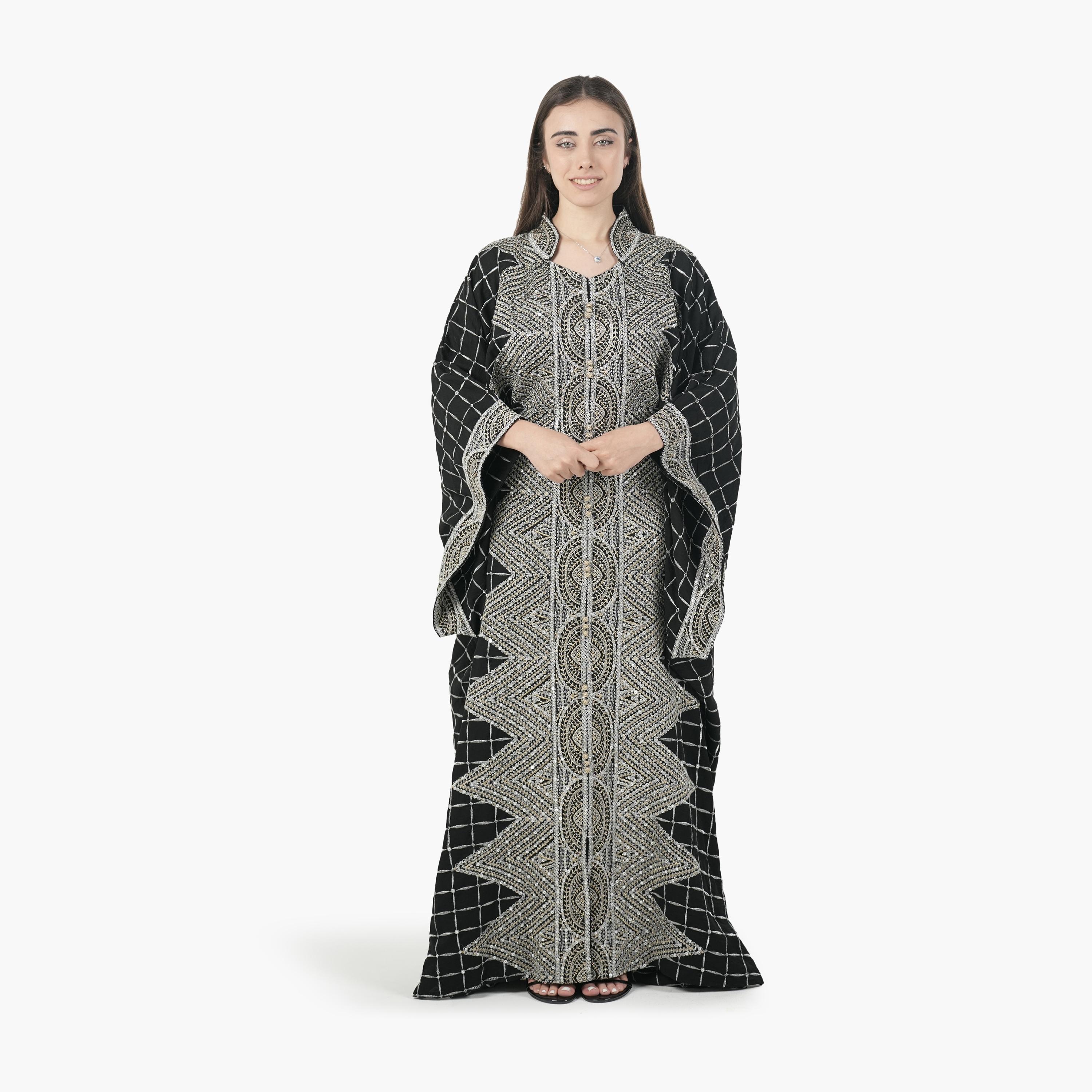جلابية سهرة نسائية بأسلوب القفطان وأكمام خفاش وتطريز قماش كتان من البنت الشرقية-women-arabicclothing-jalabiyas-image-1