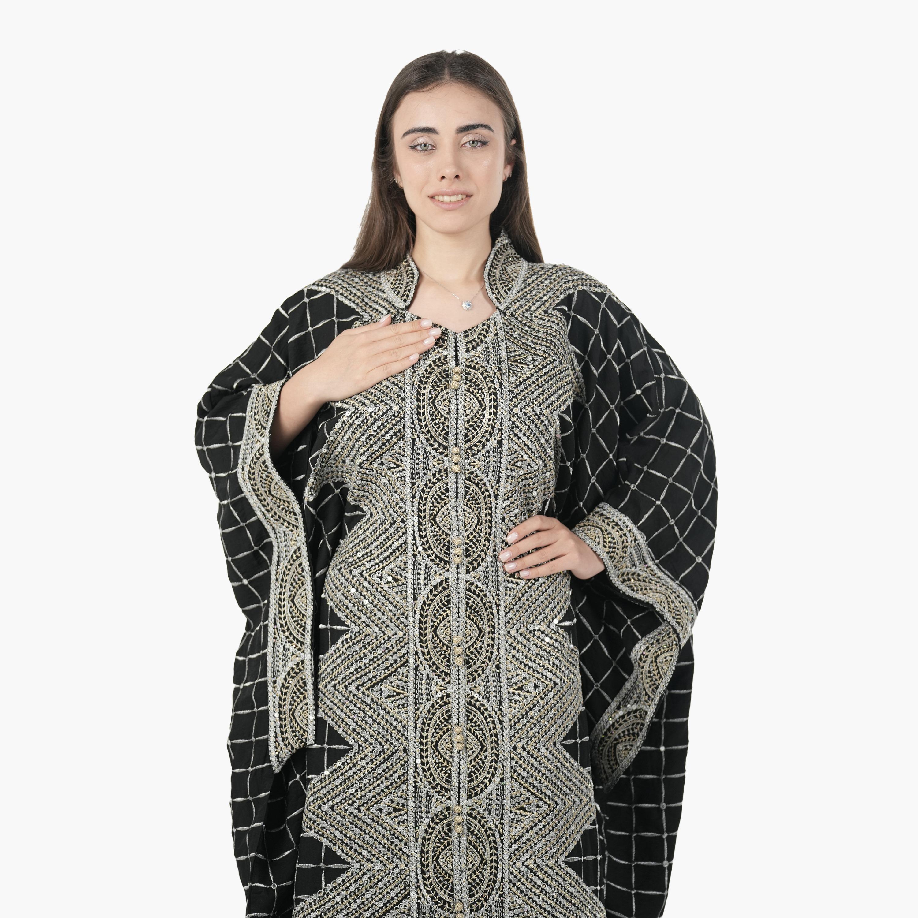 جلابية سهرة نسائية بأسلوب القفطان وأكمام خفاش وتطريز قماش كتان من البنت الشرقية-women-arabicclothing-jalabiyas-image-2