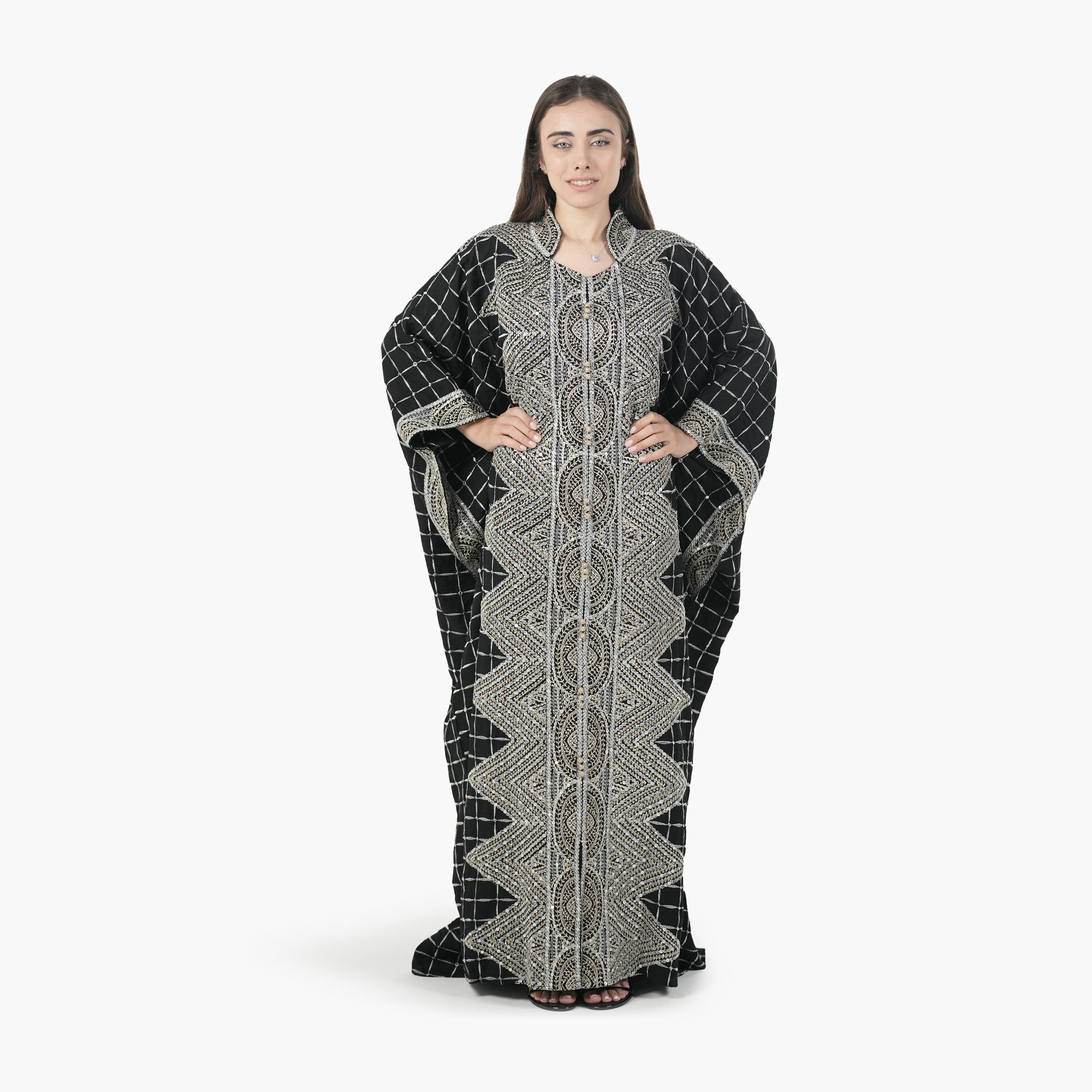 جلابية سهرة نسائية بأسلوب القفطان وأكمام خفاش وتطريز قماش كتان من البنت الشرقية-women-arabicclothing-jalabiyas-image-3
