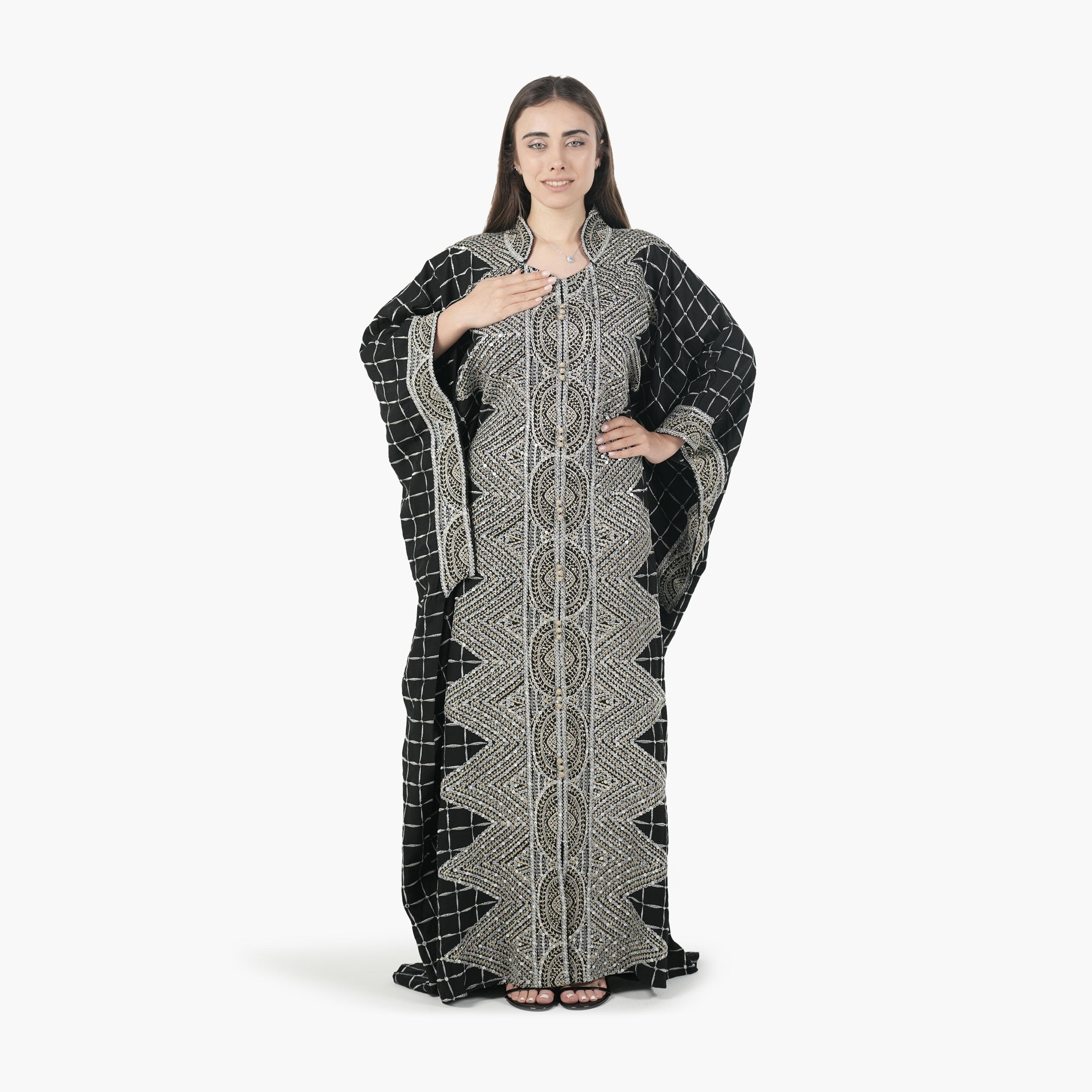 جلابية سهرة نسائية بأسلوب القفطان وأكمام خفاش وتطريز قماش كتان من البنت الشرقية-women-arabicclothing-jalabiyas-image-4
