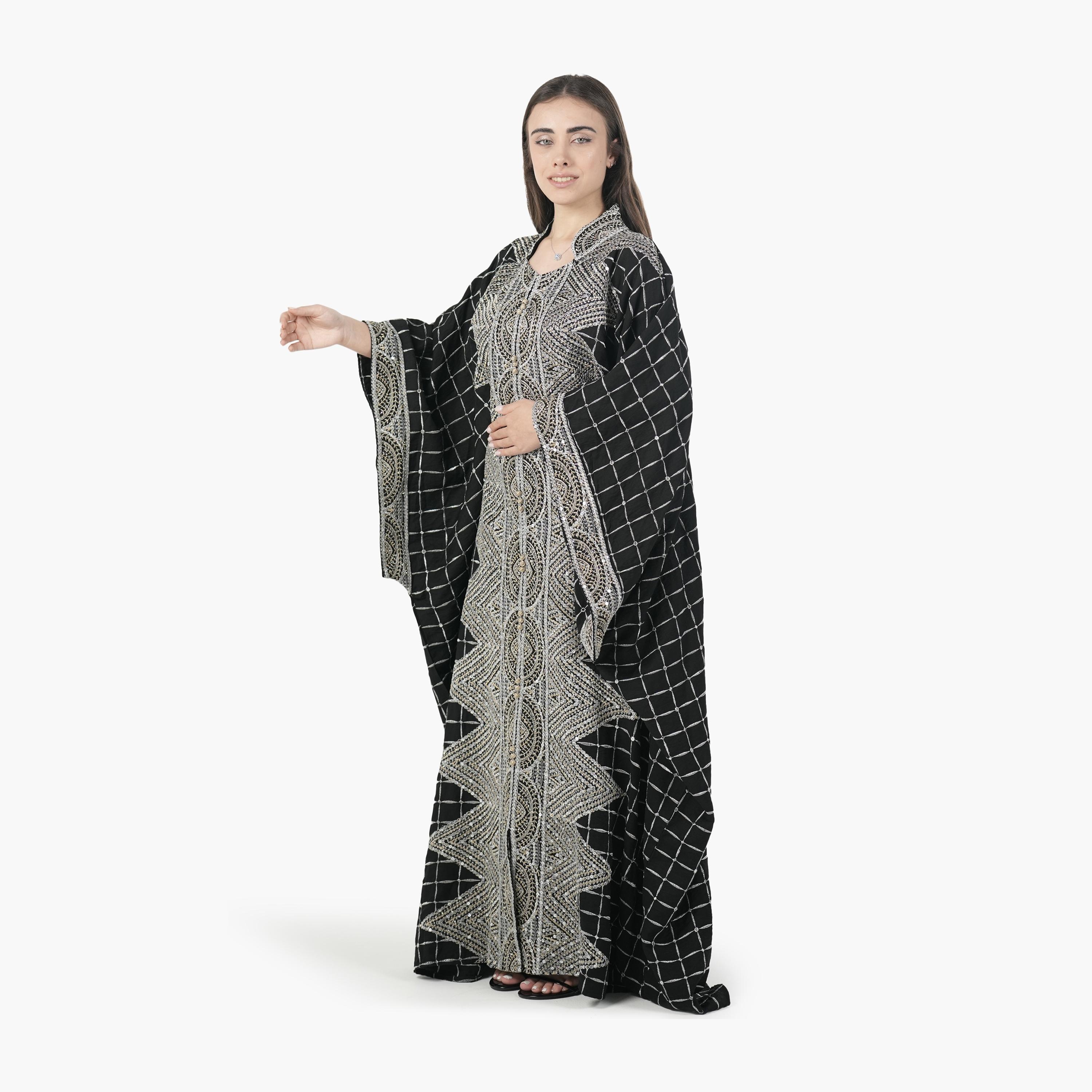 جلابية سهرة نسائية بأسلوب القفطان وأكمام خفاش وتطريز قماش كتان من البنت الشرقية-women-arabicclothing-jalabiyas-image-5