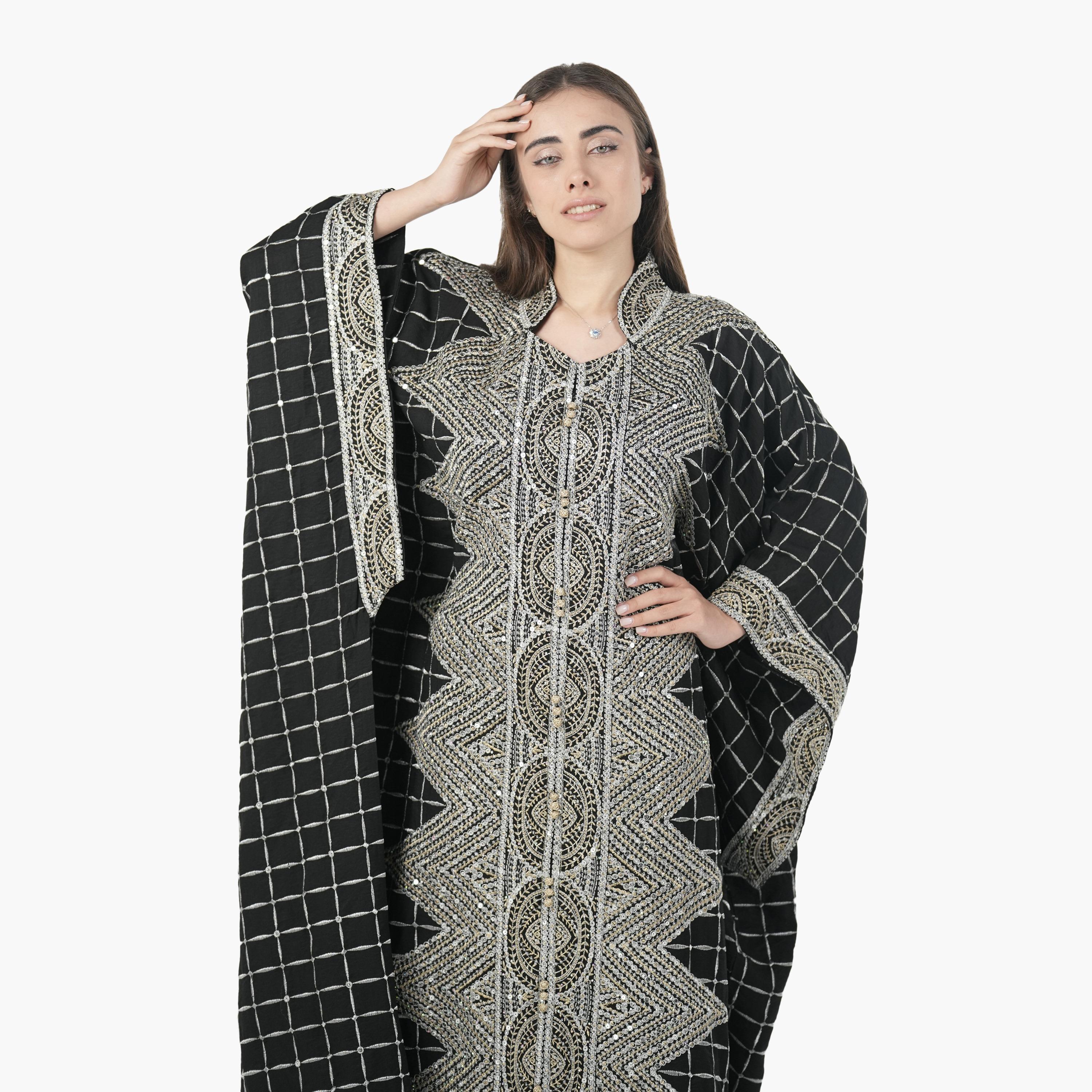 جلابية سهرة نسائية بأسلوب القفطان وأكمام خفاش وتطريز قماش كتان من البنت الشرقية-women-arabicclothing-jalabiyas-image-6