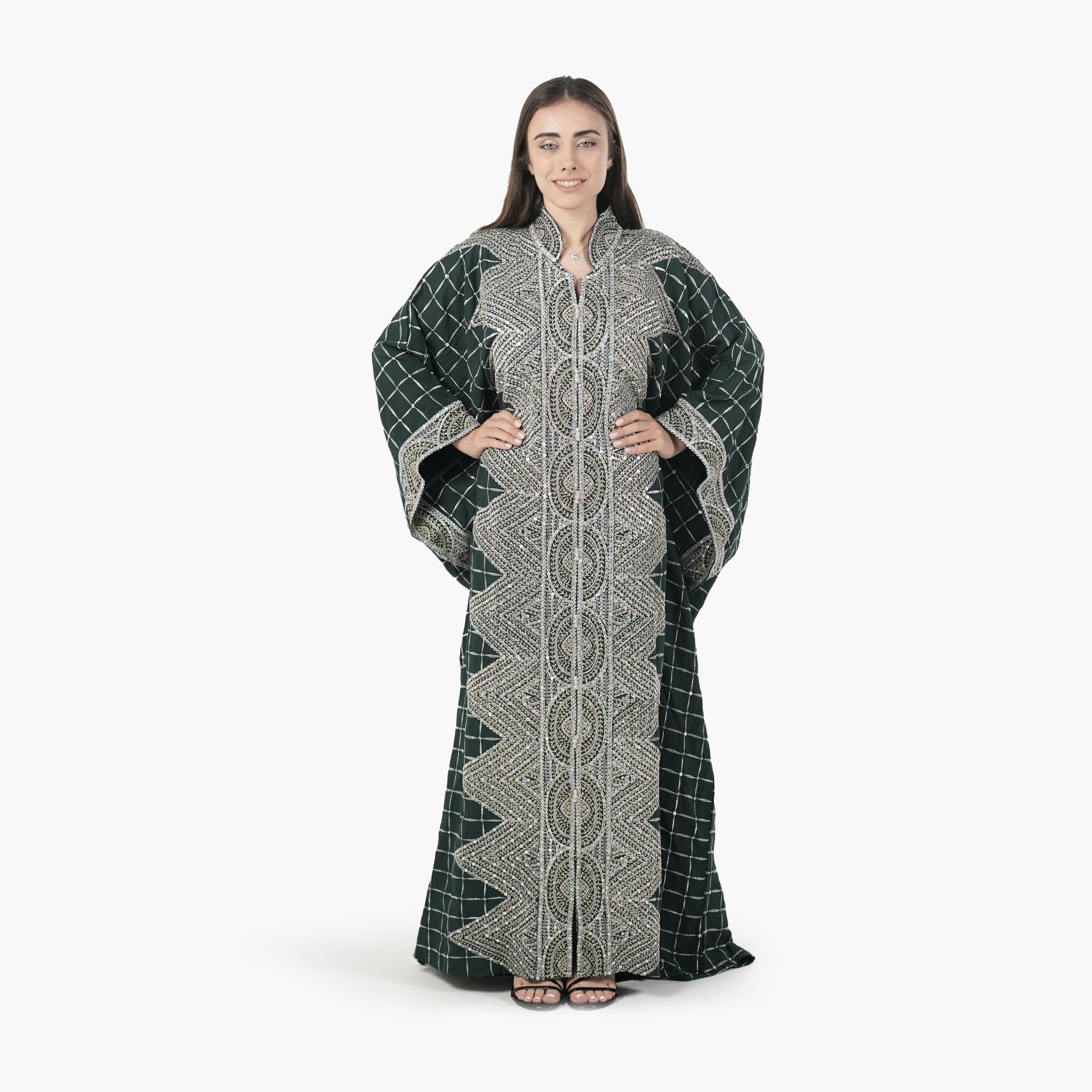 AL BENT AL SHARQIEH Embroidered Batwing Sleeves Linen Women's Evening Kaftan Style Jalabiya-women-arabicclothing-jalabiyas-image-1