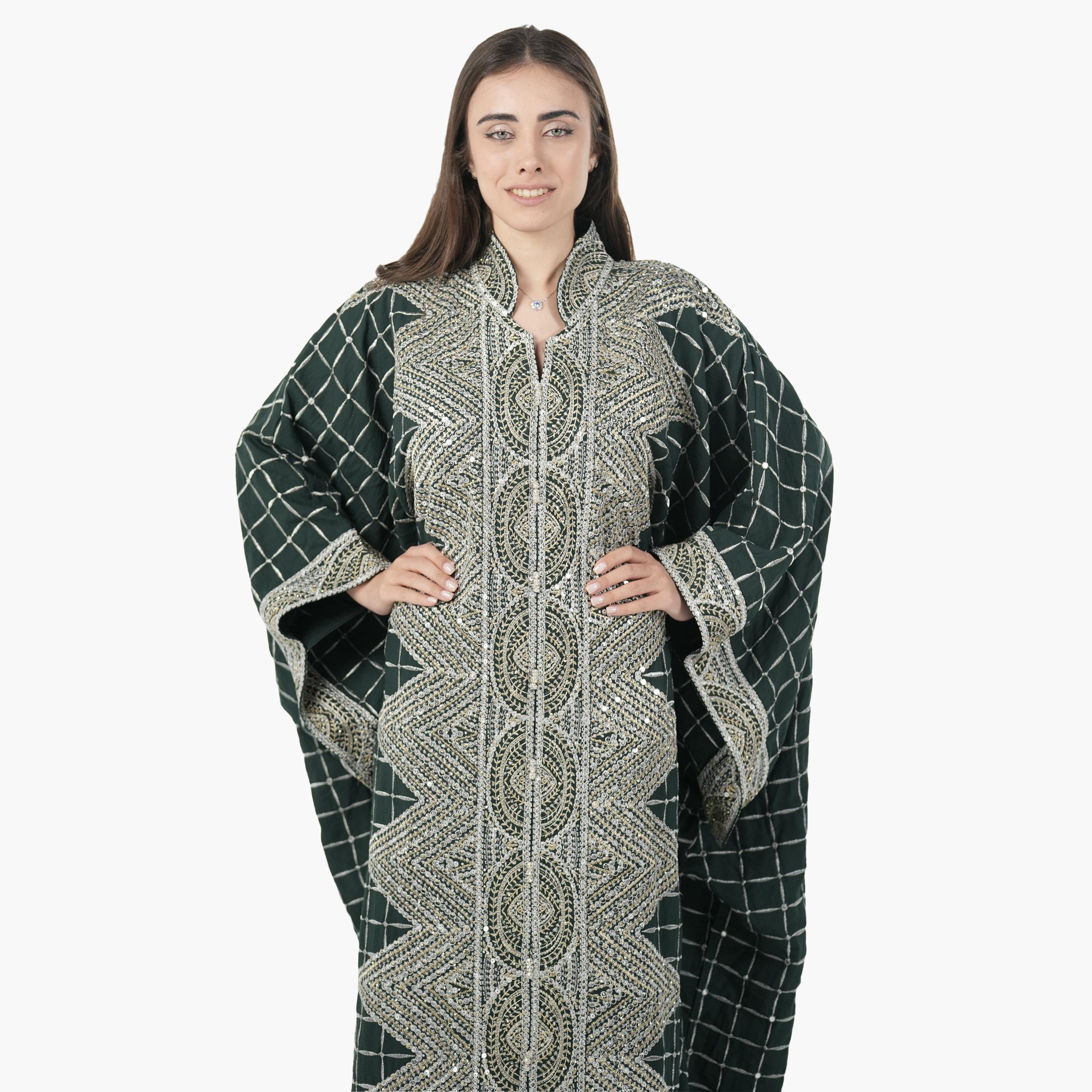 AL BENT AL SHARQIEH Embroidered Batwing Sleeves Linen Women's Evening Kaftan Style Jalabiya-women-arabicclothing-jalabiyas-image-2