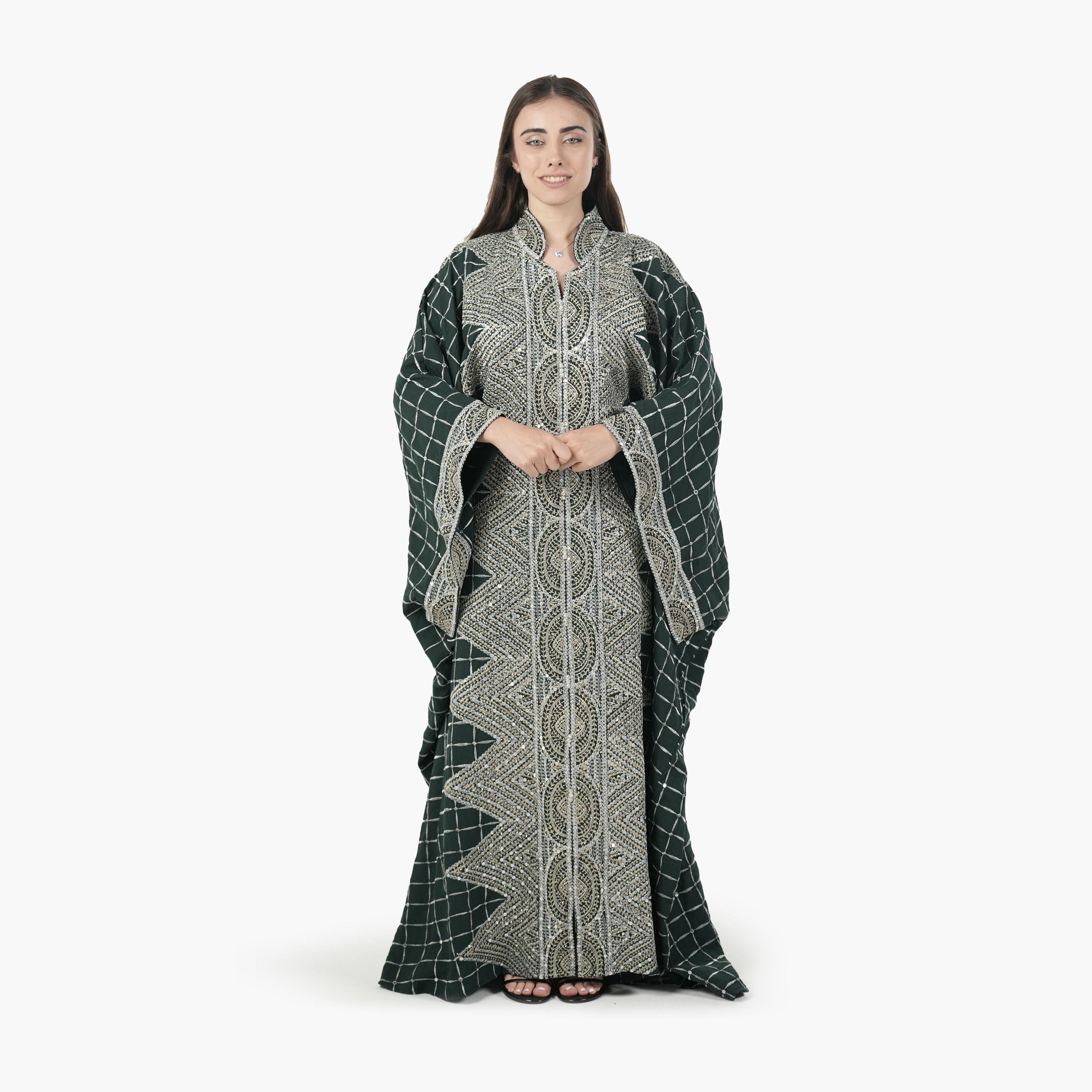 AL BENT AL SHARQIEH Embroidered Batwing Sleeves Linen Women's Evening Kaftan Style Jalabiya-women-arabicclothing-jalabiyas-image-3