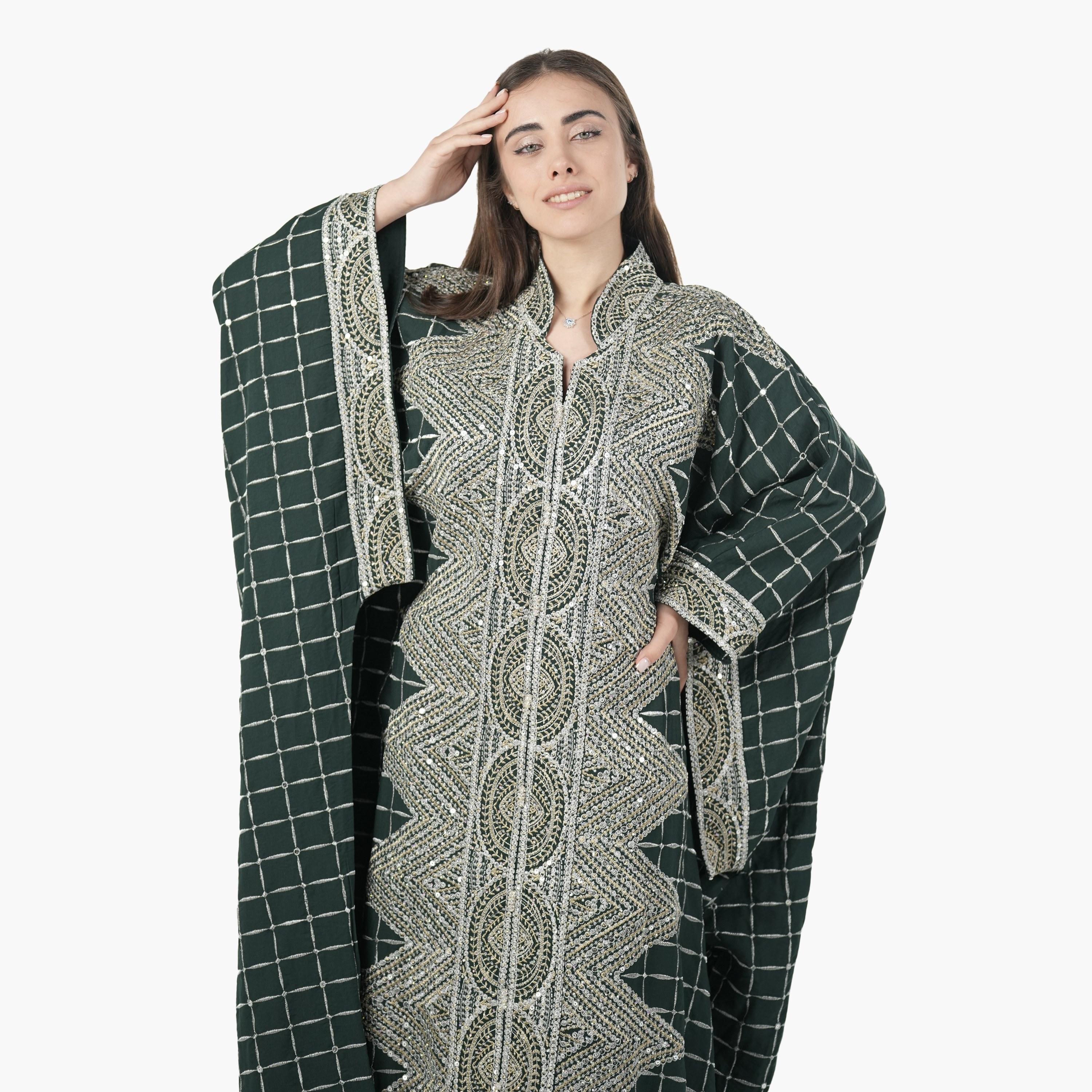 AL BENT AL SHARQIEH Embroidered Batwing Sleeves Linen Women's Evening Kaftan Style Jalabiya-women-arabicclothing-jalabiyas-image-4