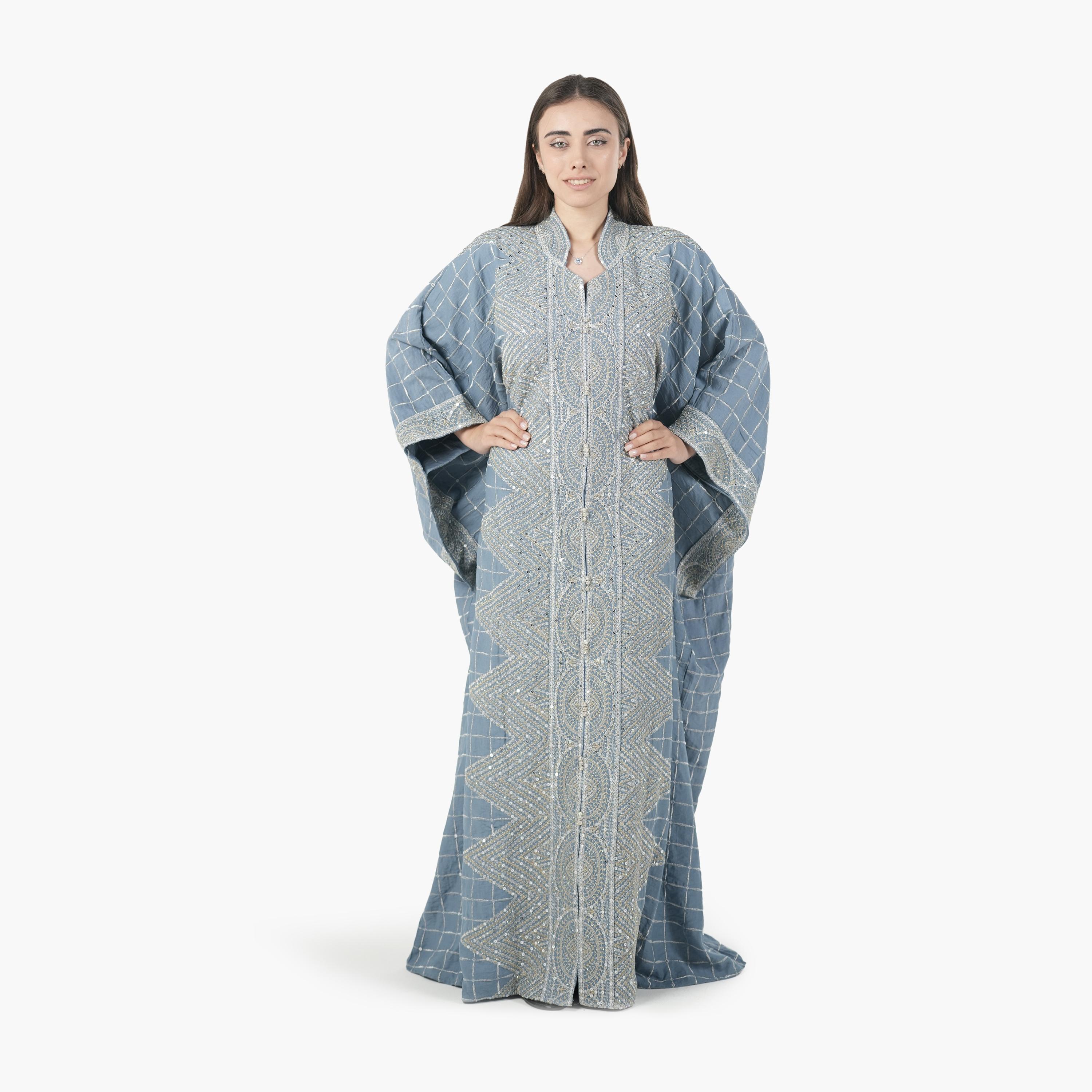 AL BENT AL SHARQIEH Embroidered Batwing Sleeves Linen Women's Evening Kaftan Style Jalabiya-women-arabicclothing-jalabiyas-image-1