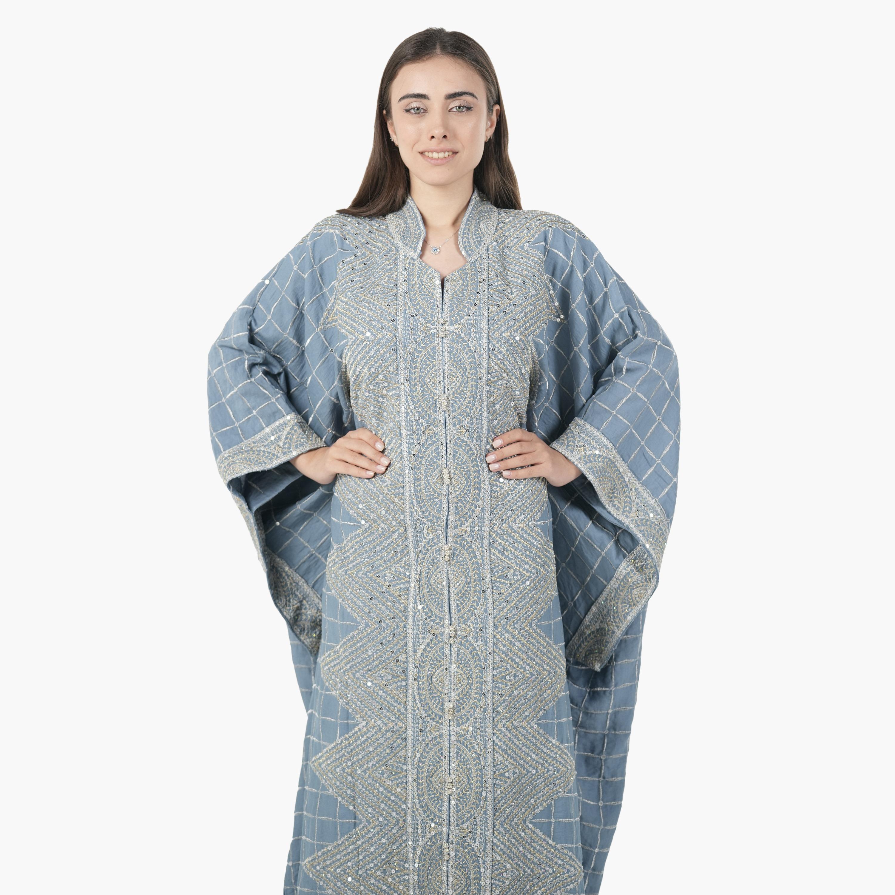 AL BENT AL SHARQIEH Embroidered Batwing Sleeves Linen Women's Evening Kaftan Style Jalabiya-women-arabicclothing-jalabiyas-image-2