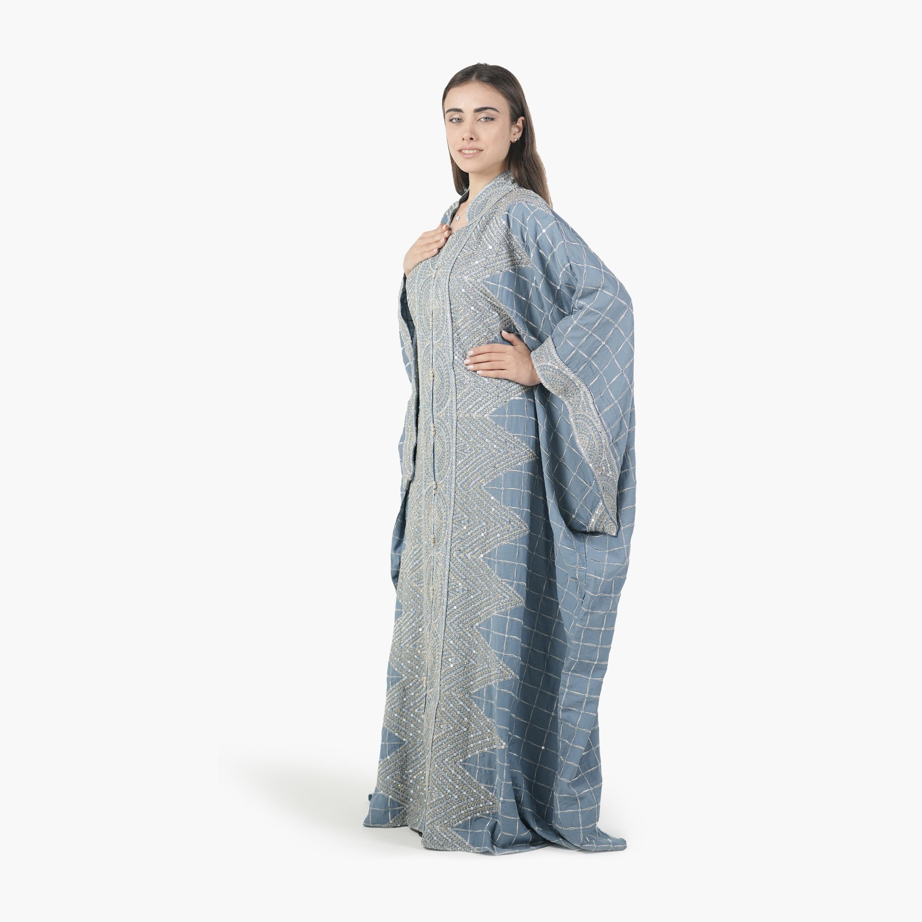 AL BENT AL SHARQIEH Embroidered Batwing Sleeves Linen Women's Evening Kaftan Style Jalabiya-women-arabicclothing-jalabiyas-image-3