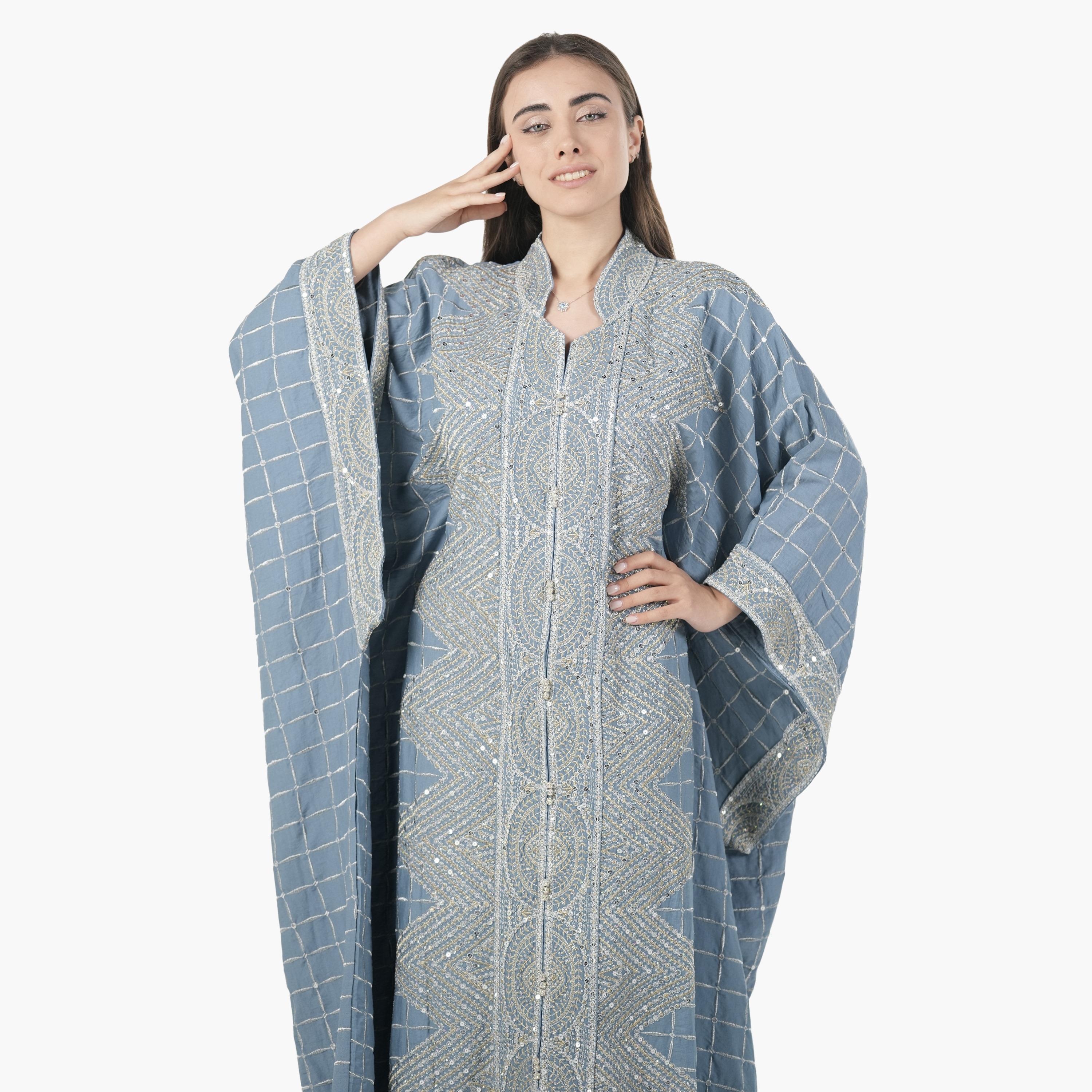 AL BENT AL SHARQIEH Embroidered Batwing Sleeves Linen Women's Evening Kaftan Style Jalabiya-women-arabicclothing-jalabiyas-image-4