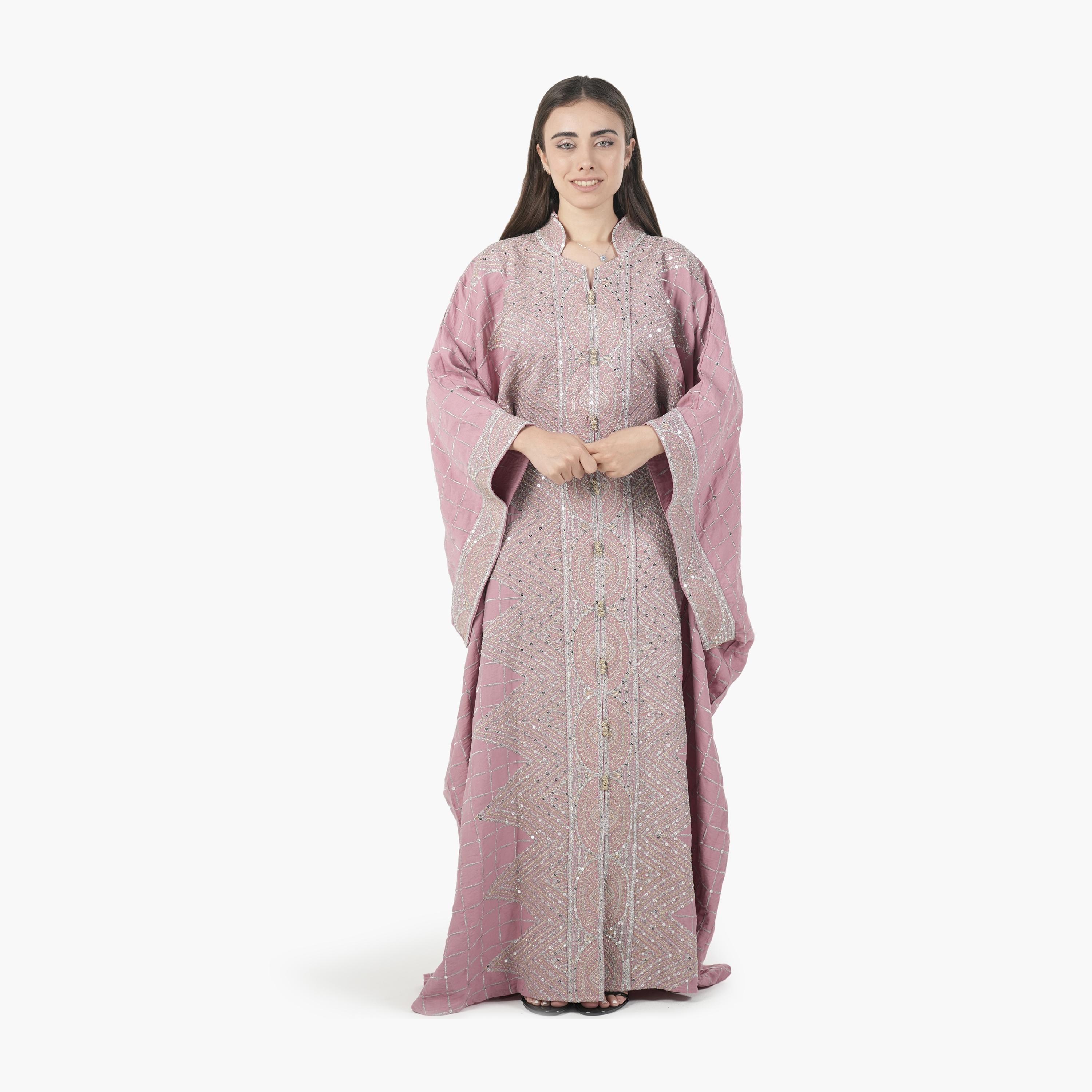 AL BENT AL SHARQIEH Embroidered Batwing Sleeves Linen Women's Evening Kaftan Style Jalabiya-women-arabicclothing-jalabiyas-image-1