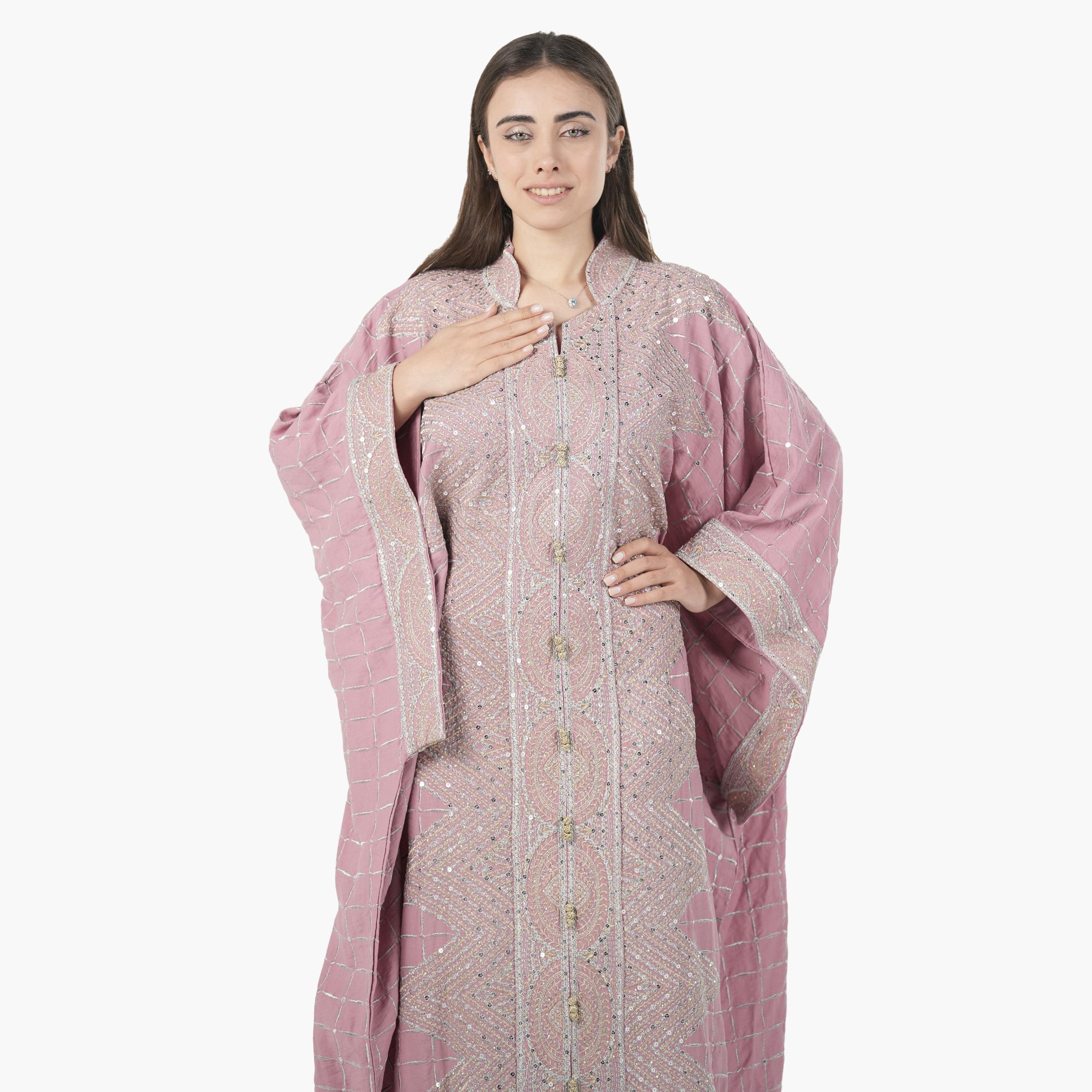 AL BENT AL SHARQIEH Embroidered Batwing Sleeves Linen Women's Evening Kaftan Style Jalabiya-women-arabicclothing-jalabiyas-image-2
