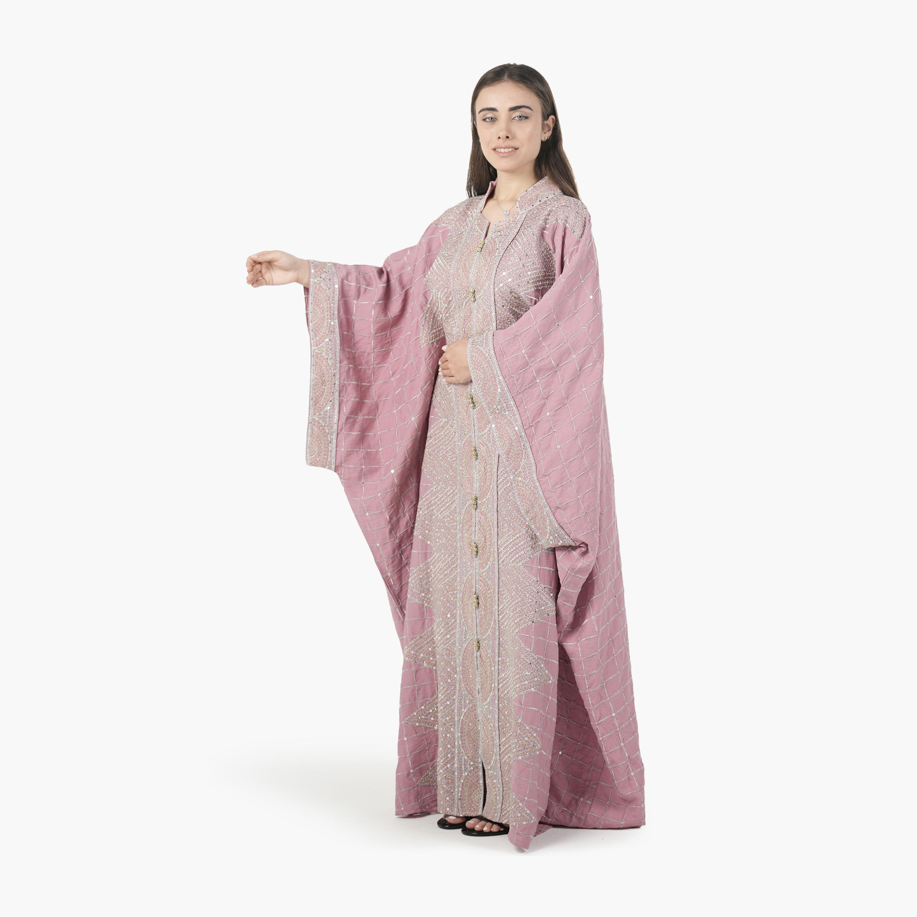 AL BENT AL SHARQIEH Embroidered Batwing Sleeves Linen Women's Evening Kaftan Style Jalabiya-women-arabicclothing-jalabiyas-image-3