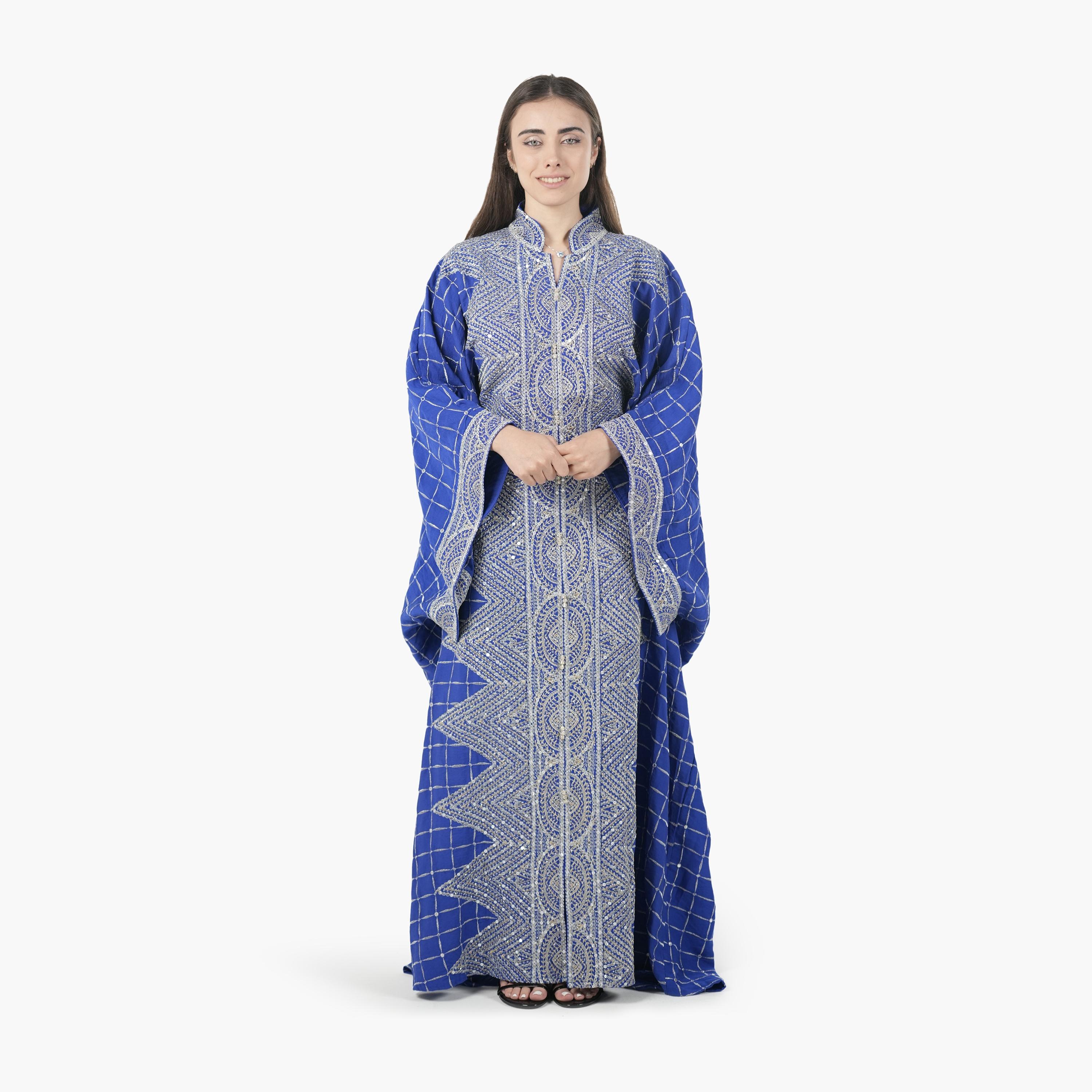 AL BENT AL SHARQIEH Embroidered Batwing Sleeves Linen Women's Evening Kaftan Style Jalabiya-women-arabicclothing-jalabiyas-image-1