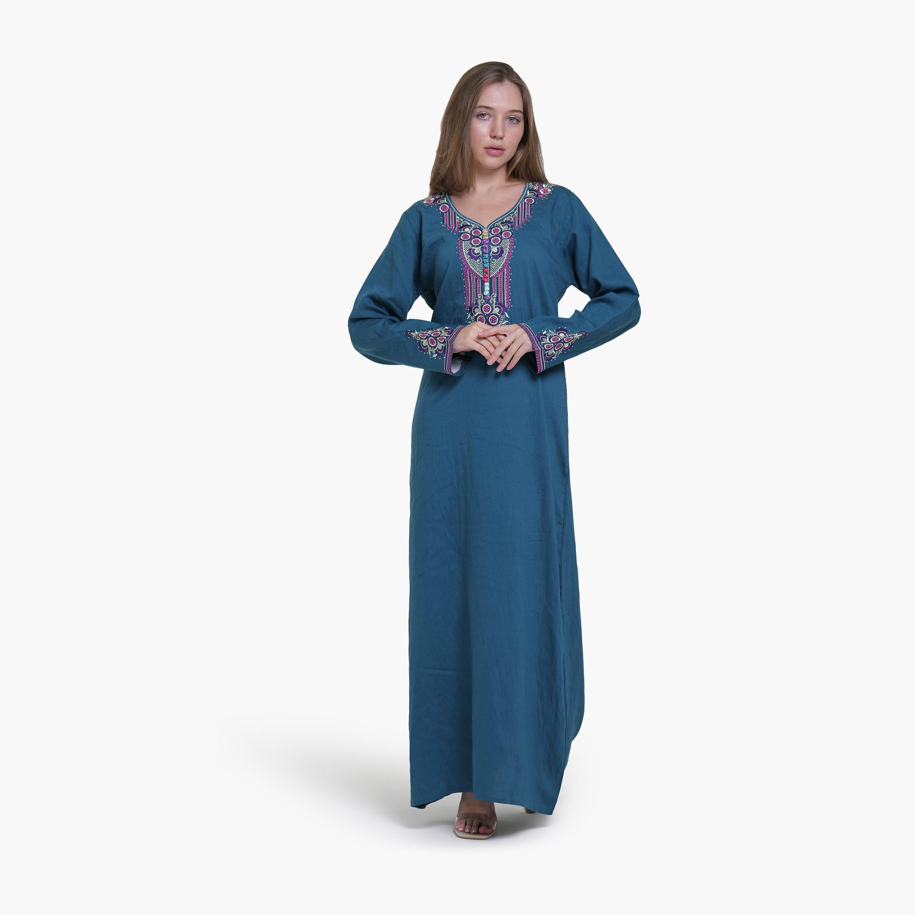AL BENT AL SHARQIEH Embroidered Yoke Linen Women's Jalabiya-women-arabicclothing-jalabiyas-image-1