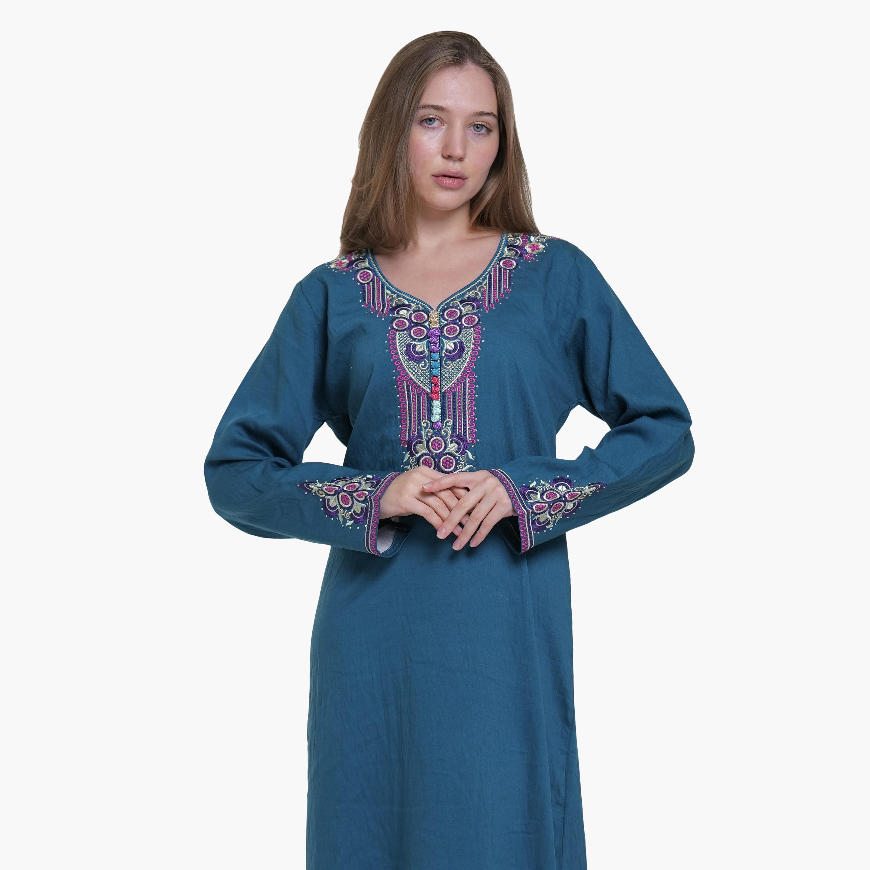 AL BENT AL SHARQIEH Embroidered Yoke Linen Women's Jalabiya-women-arabicclothing-jalabiyas-image-2
