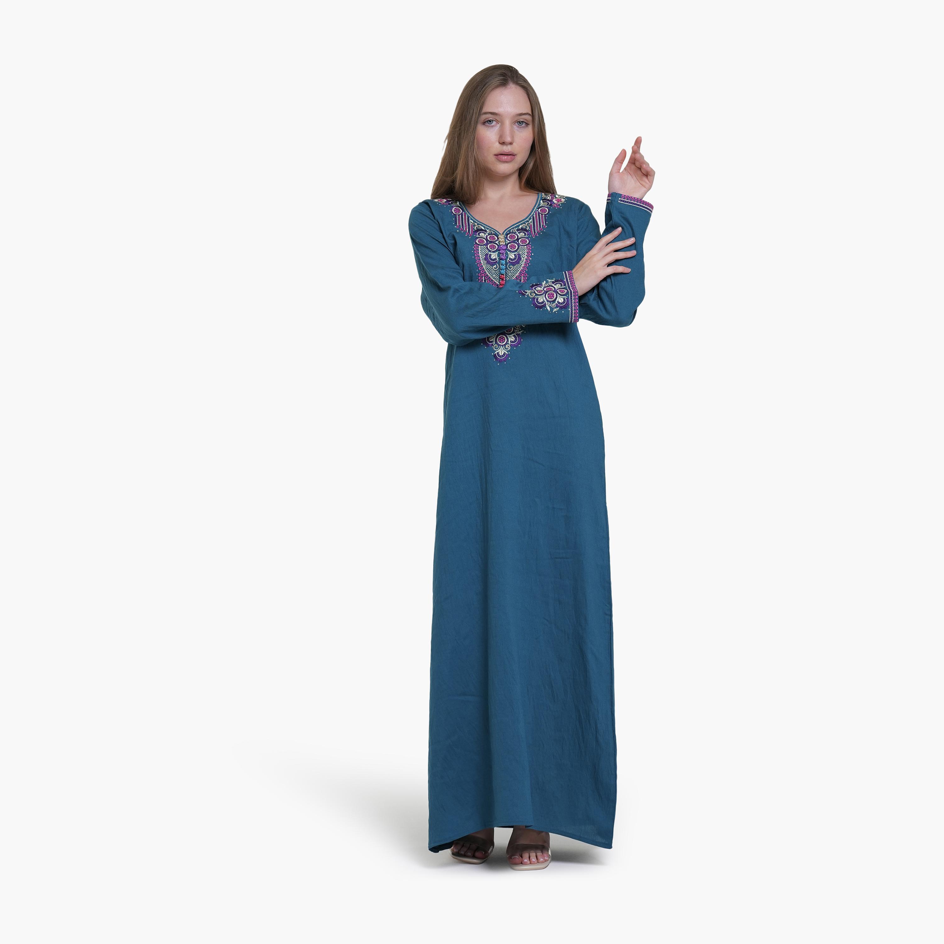 AL BENT AL SHARQIEH Embroidered Yoke Linen Women's Jalabiya-women-arabicclothing-jalabiyas-image-3