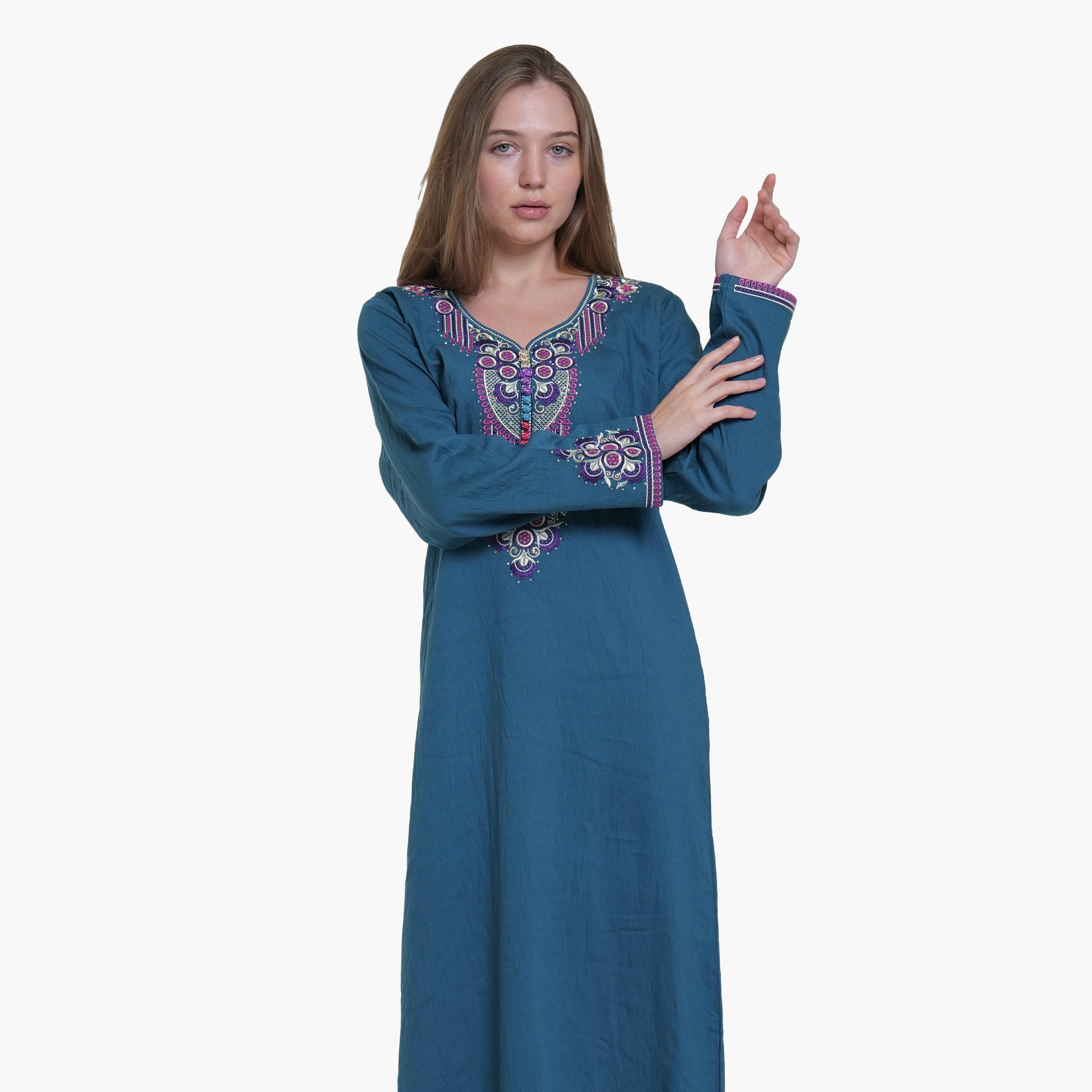AL BENT AL SHARQIEH Embroidered Yoke Linen Women's Jalabiya-women-arabicclothing-jalabiyas-image-4