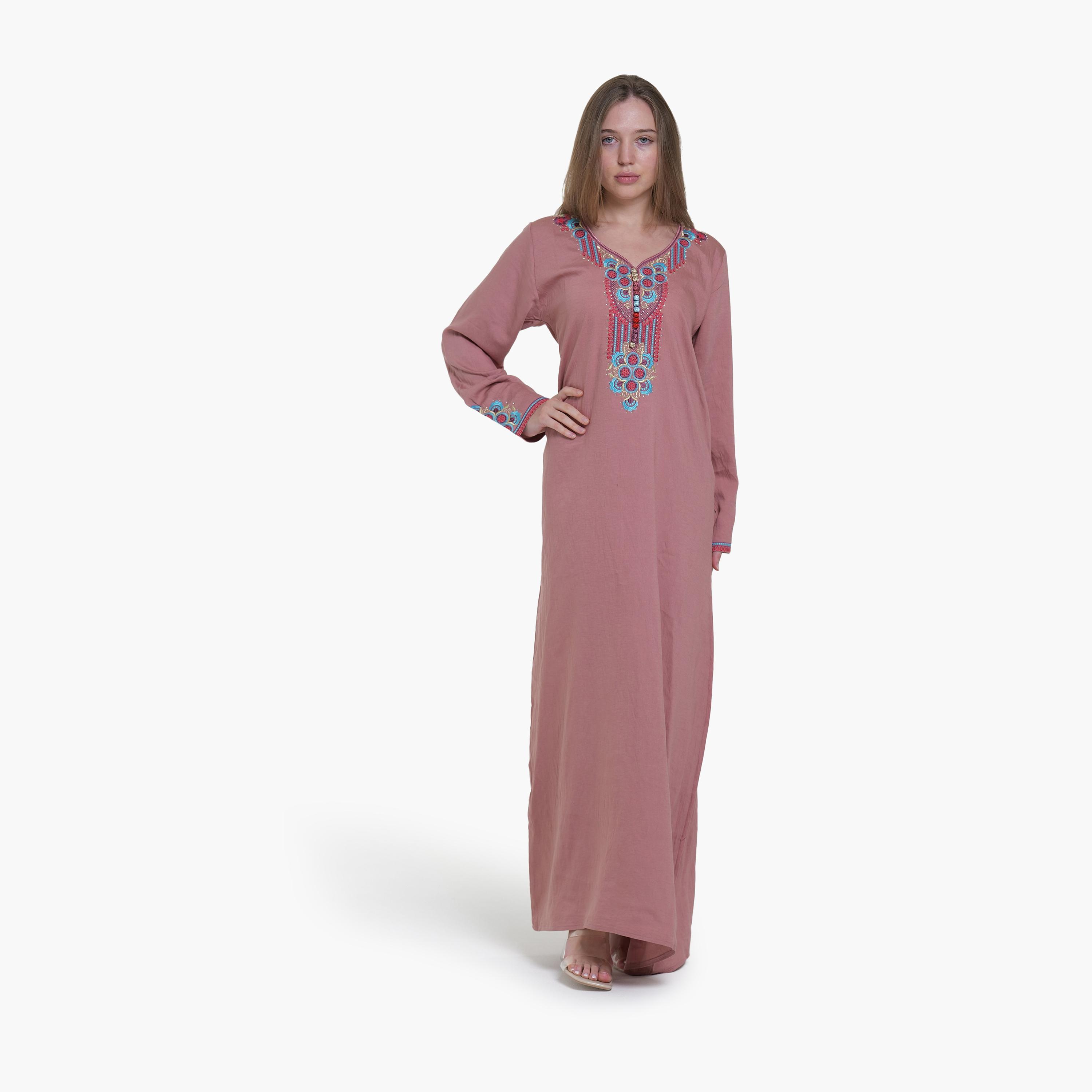 جلابية نسائية بصدرية مطرزة قماش كتان من البنت الشرقية-women-arabicclothing-jalabiyas-image-1
