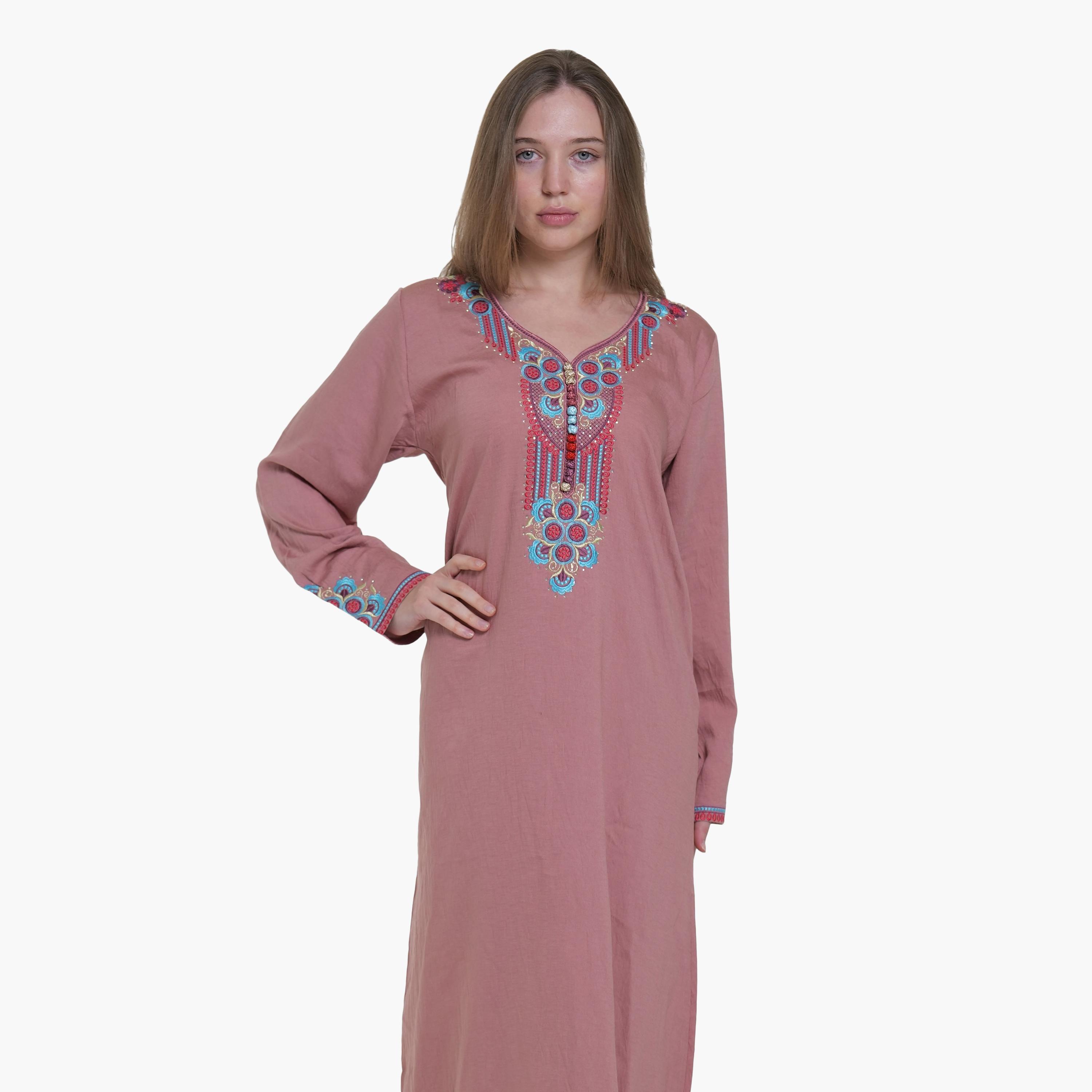 جلابية نسائية بصدرية مطرزة قماش كتان من البنت الشرقية-women-arabicclothing-jalabiyas-image-2