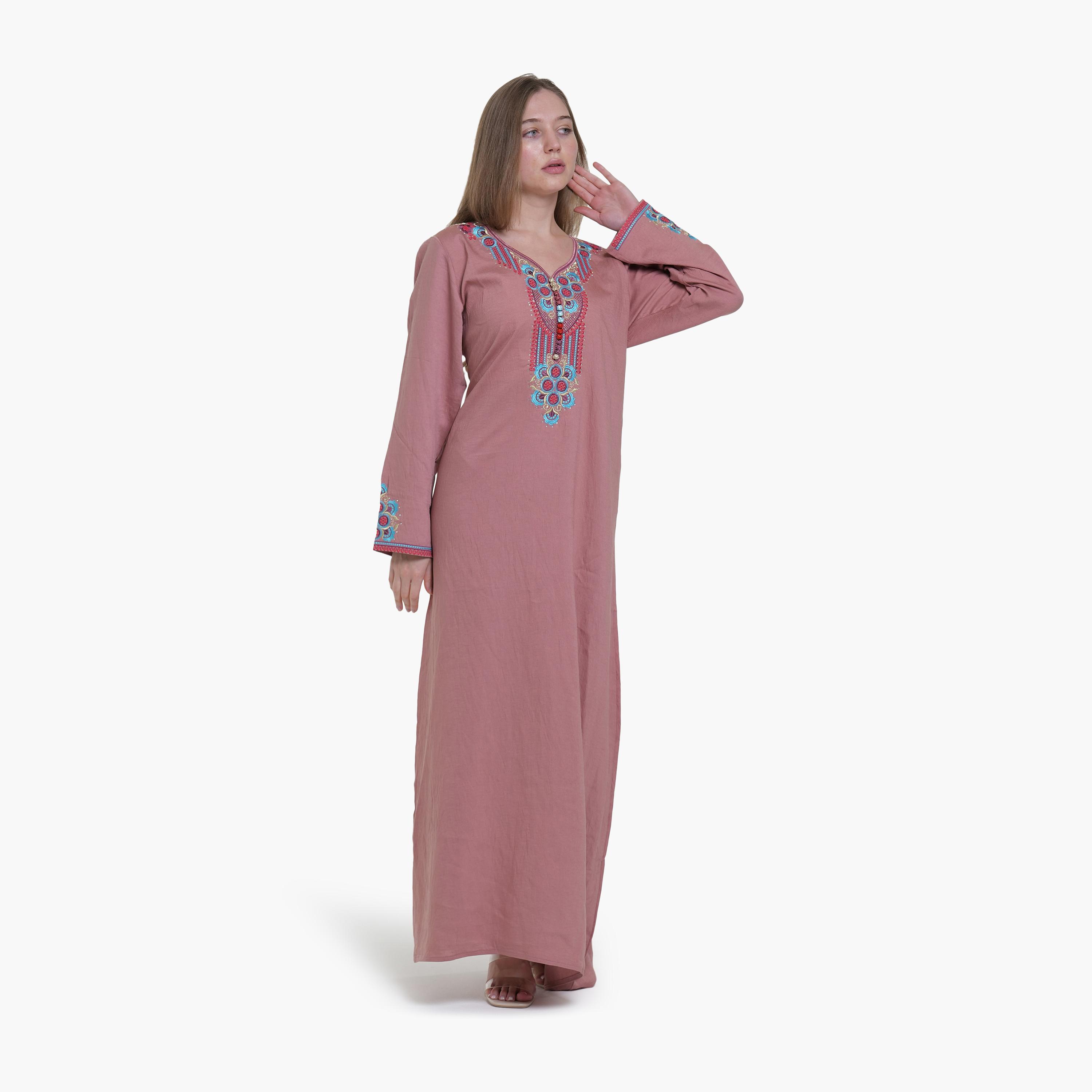 جلابية نسائية بصدرية مطرزة قماش كتان من البنت الشرقية-women-arabicclothing-jalabiyas-image-3