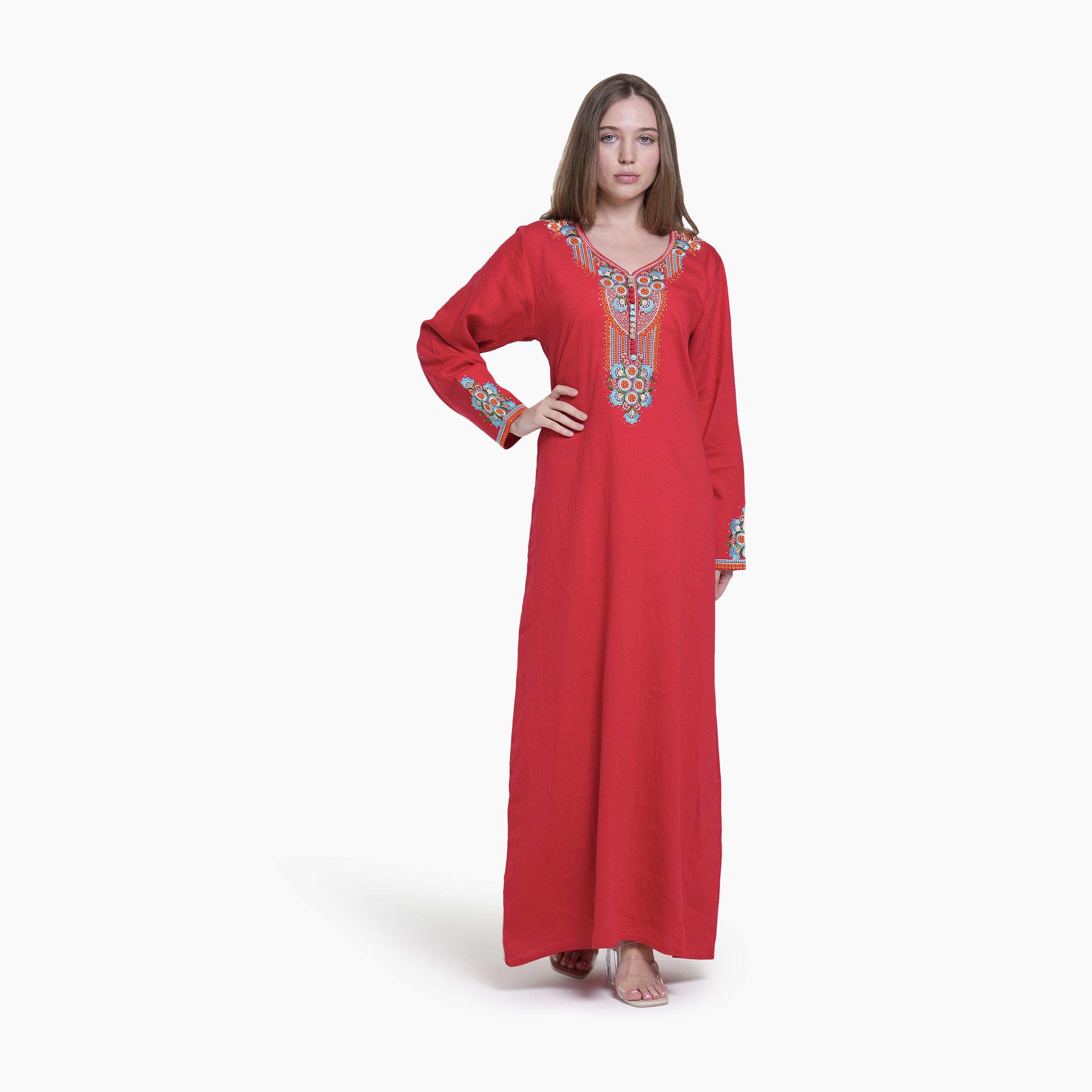 AL BENT AL SHARQIEH Embroidered Yoke Linen Women's Jalabiya-women-arabicclothing-jalabiyas-image-1
