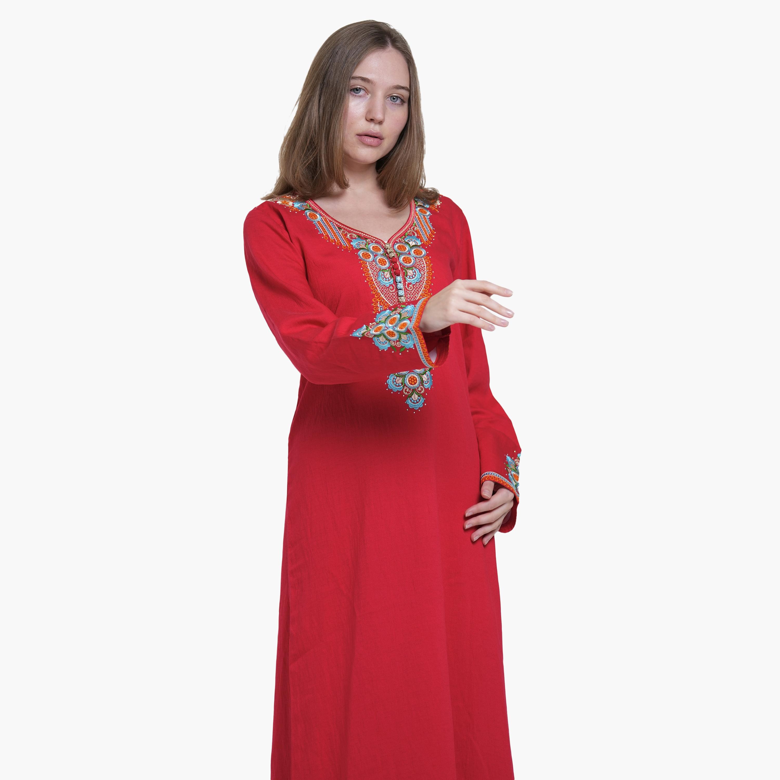 AL BENT AL SHARQIEH Embroidered Yoke Linen Women's Jalabiya-women-arabicclothing-jalabiyas-image-2