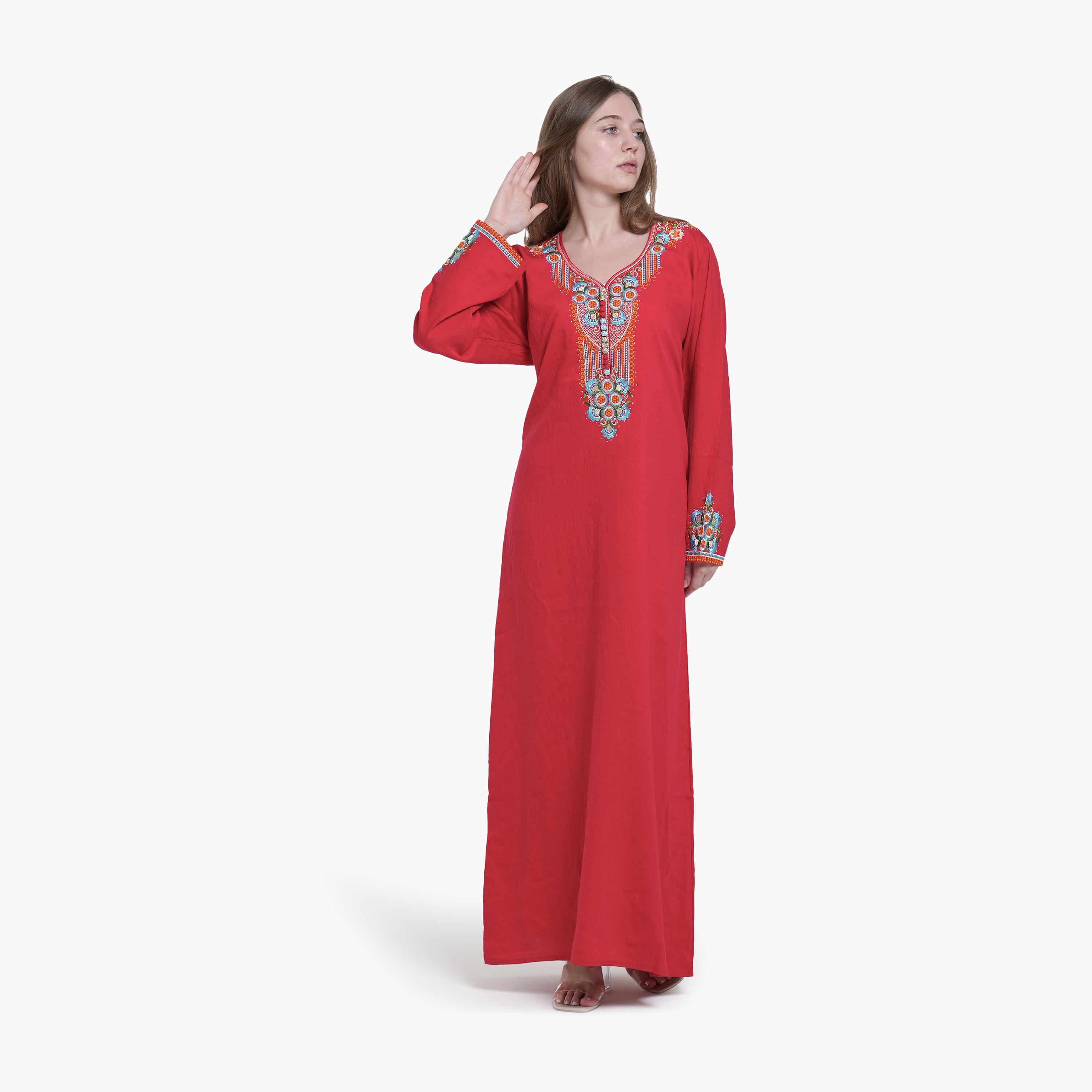 AL BENT AL SHARQIEH Embroidered Yoke Linen Women's Jalabiya-women-arabicclothing-jalabiyas-image-3