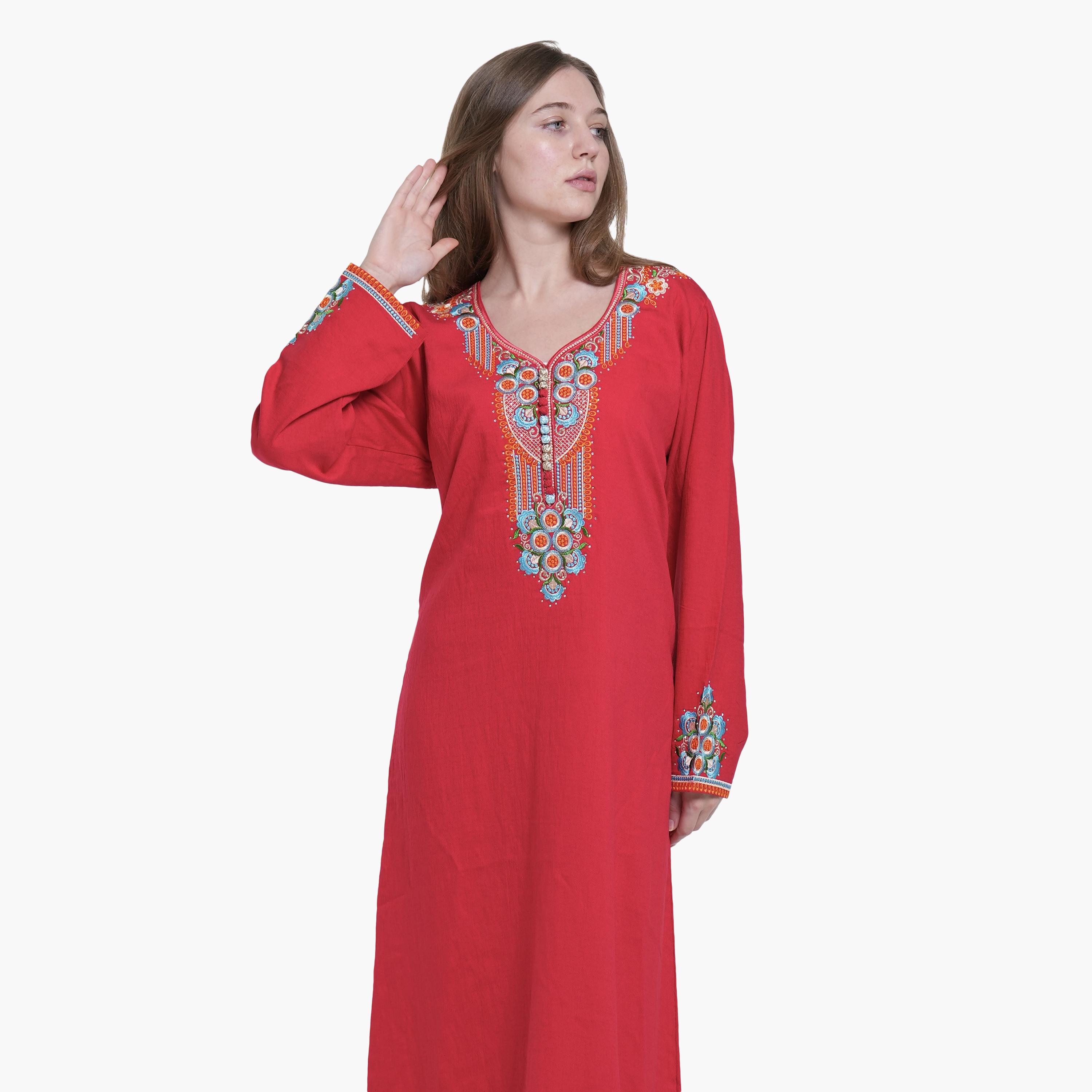 AL BENT AL SHARQIEH Embroidered Yoke Linen Women's Jalabiya-women-arabicclothing-jalabiyas-image-4