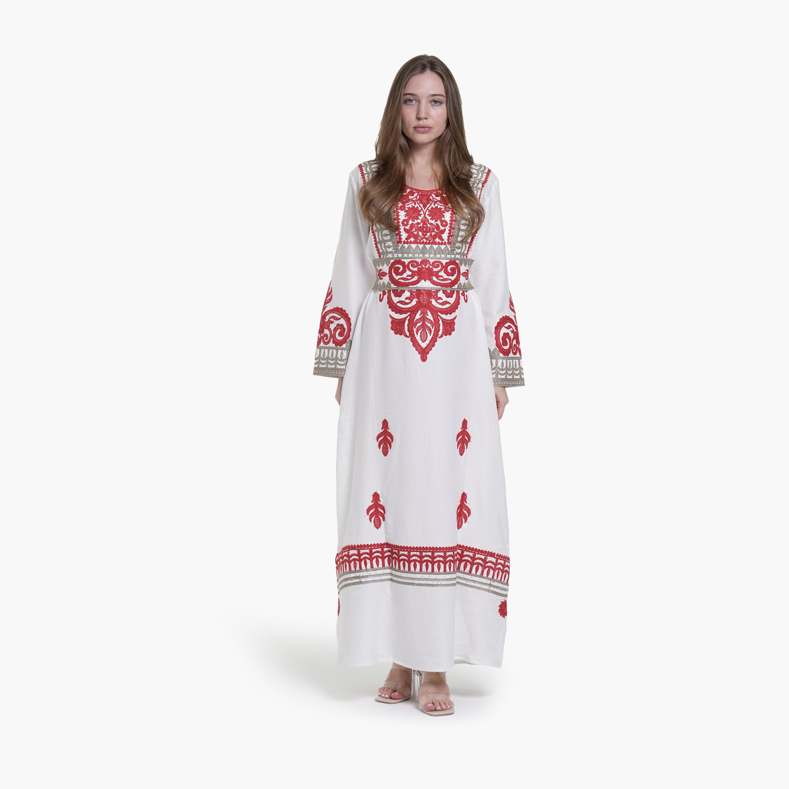 جلابية نسائية بتطريز قماش كتان - أبيض من البنت الشرقية-women-arabicclothing-jalabiyas-image-1
