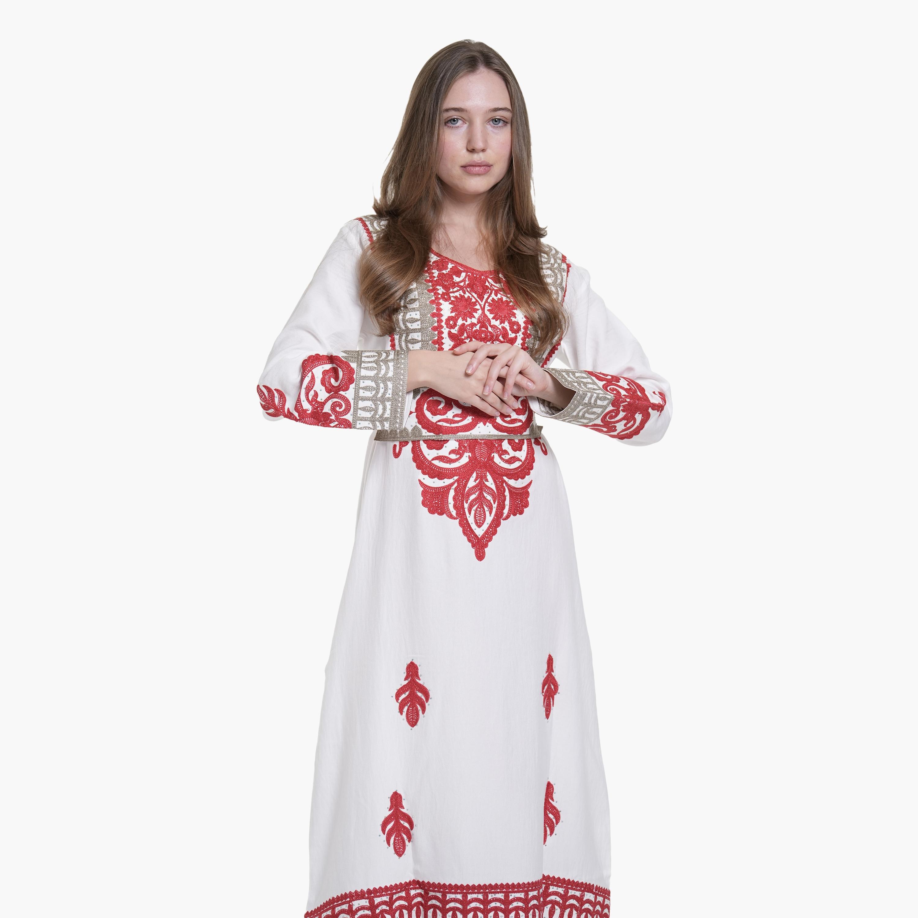 جلابية نسائية بتطريز قماش كتان - أبيض من البنت الشرقية-women-arabicclothing-jalabiyas-image-2