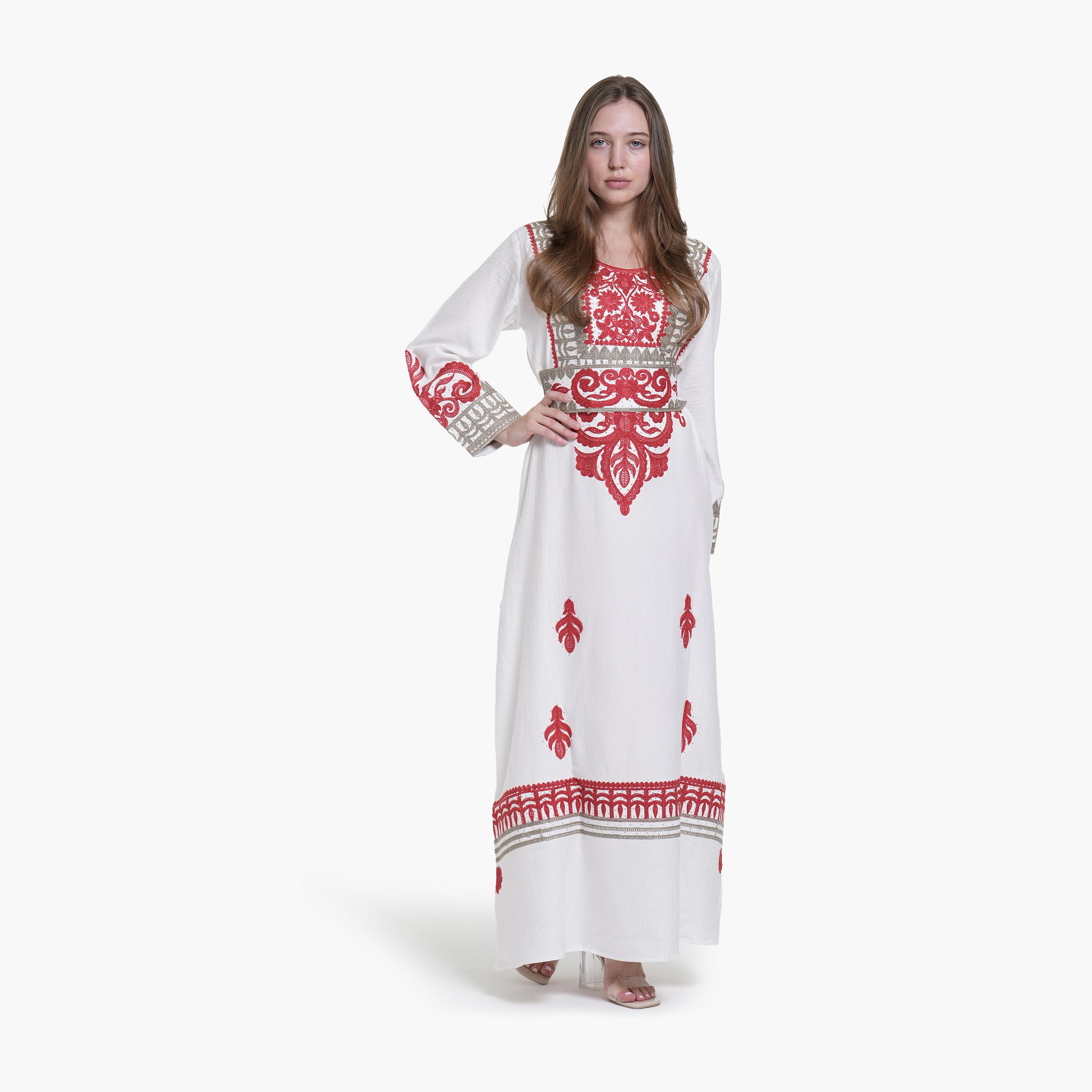 جلابية نسائية بتطريز قماش كتان - أبيض من البنت الشرقية-women-arabicclothing-jalabiyas-image-3
