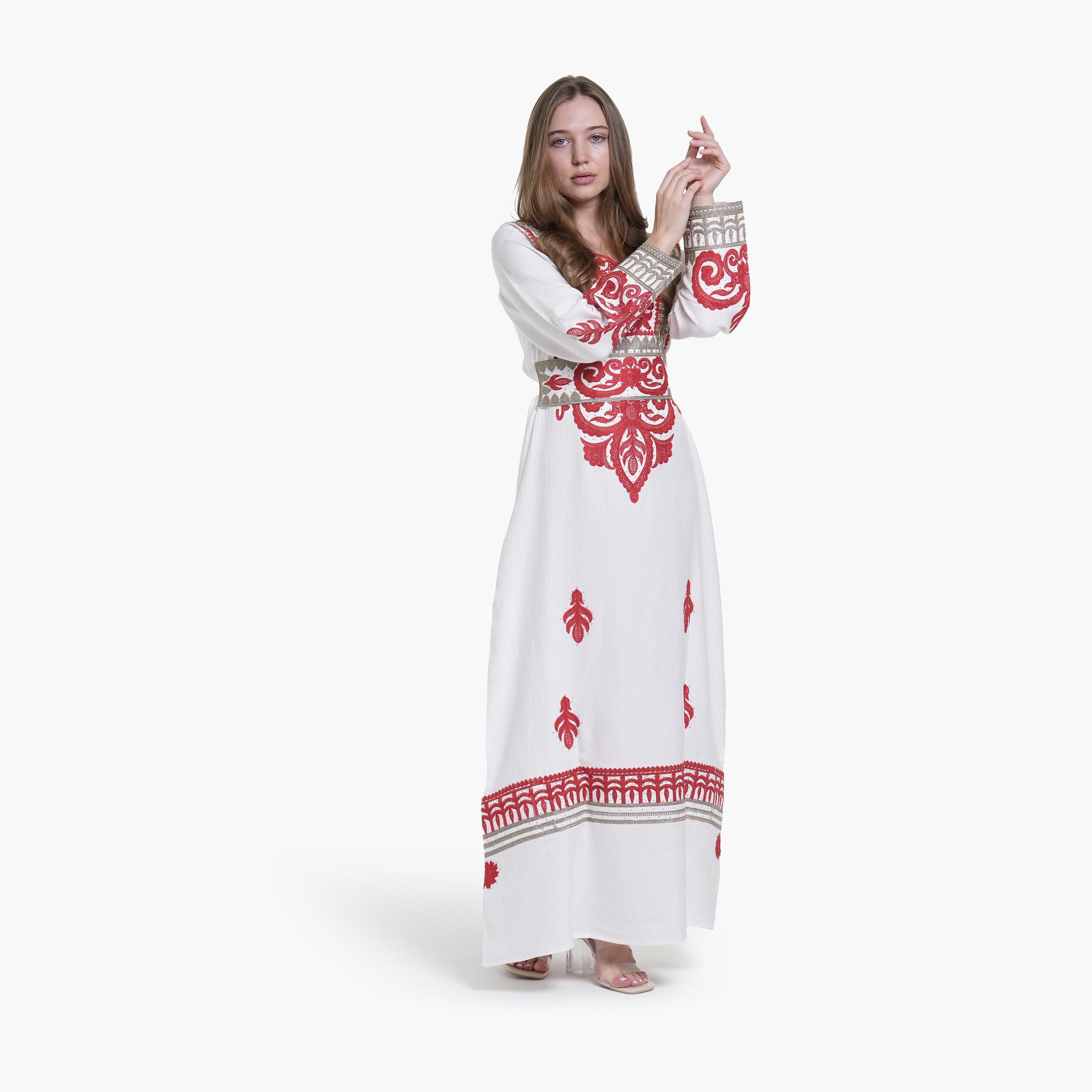 جلابية نسائية بتطريز قماش كتان - أبيض من البنت الشرقية-women-arabicclothing-jalabiyas-image-4