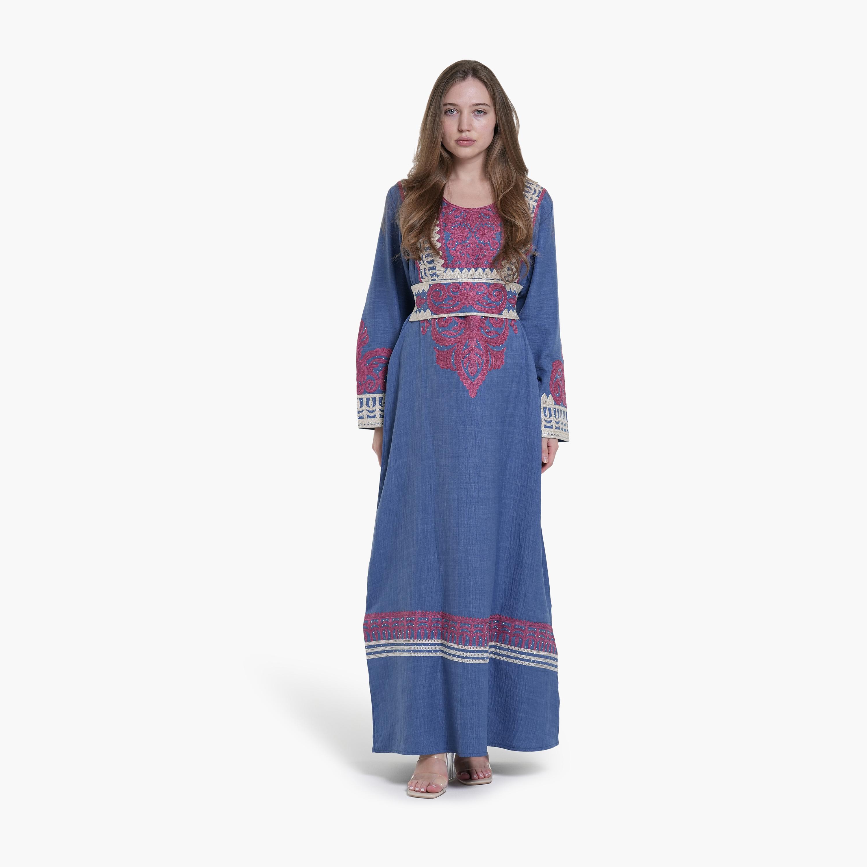 AL BENT AL SHARQIEH Embroidered Linen Women's Jalabiya-women-arabicclothing-jalabiyas-image-1